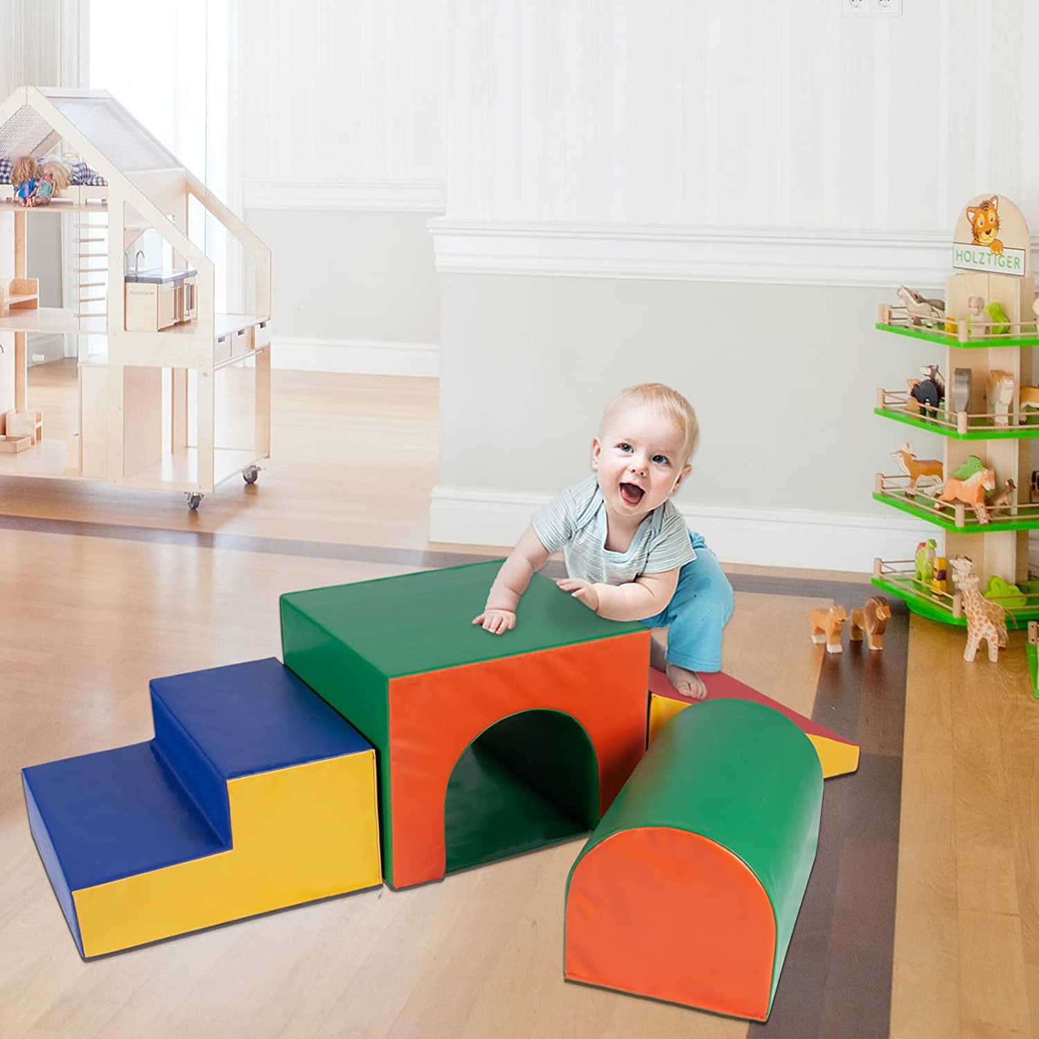 Polar Aurora 4PCS Single-Tunnel Foam Climber and Crawl Activity Play Set Soft Foam Toddler Stairs and Freestanding Indoor Active Play Structure for Toddlers and Kids， Easy to Assemble