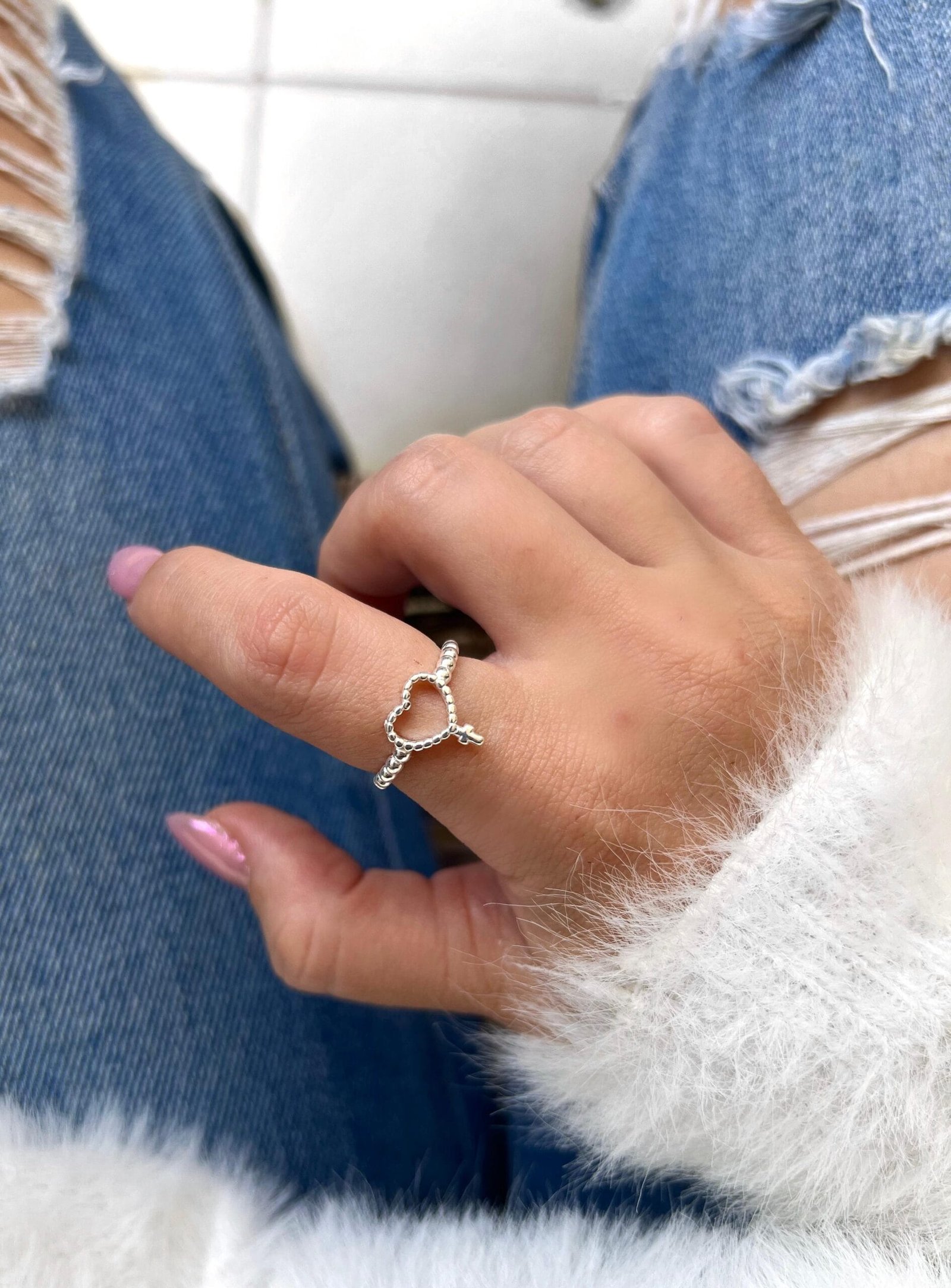 Anel Coração Cruz C/ Bolinhas