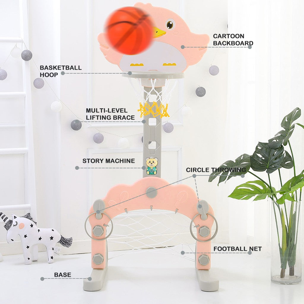 Oalirro Basketball Hoop Set， 3 in 1 Sports Activity Center Grow-to-Pro Adjustable Easy Score Basketball Hoop， Football / Soccer Goal， Ring Toss Cute Giraffe Best Gift for Baby Infant Toddler (Pink)