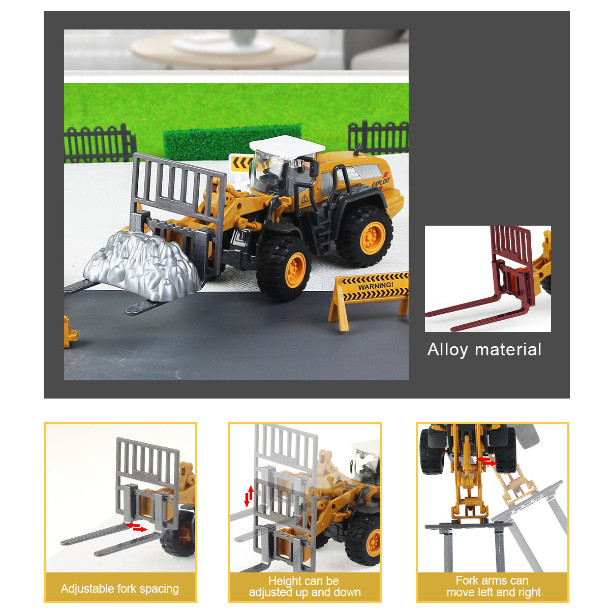 1:55 Construction Vehicle Toy Set Snow Plow Road Roller Forklift Bulldozer Toy for Kids， 4 Alloy Interchangeable Parts