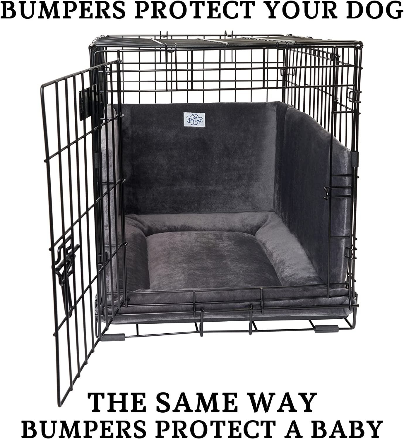 Pet Dreams 3 Piece Set - Non Toxic Dog Bedding for Dog Crate! Washable Dog Crate Cover， Dog Crate Mat and Dog Crate Bumper for Single Door Wire Dog Kennel， Good for Car Travel， Graphite Grey， X...
