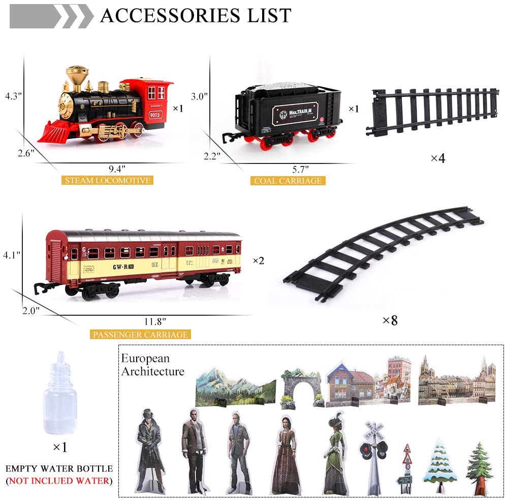 Temi Train Sets w/ Steam Locomotive Engine， Cargo Car and Tracks， Battery Operated Play Set Toy w/ Smoke， Light and Sounds， Perfect for Kids， Boys and Girls， Red
