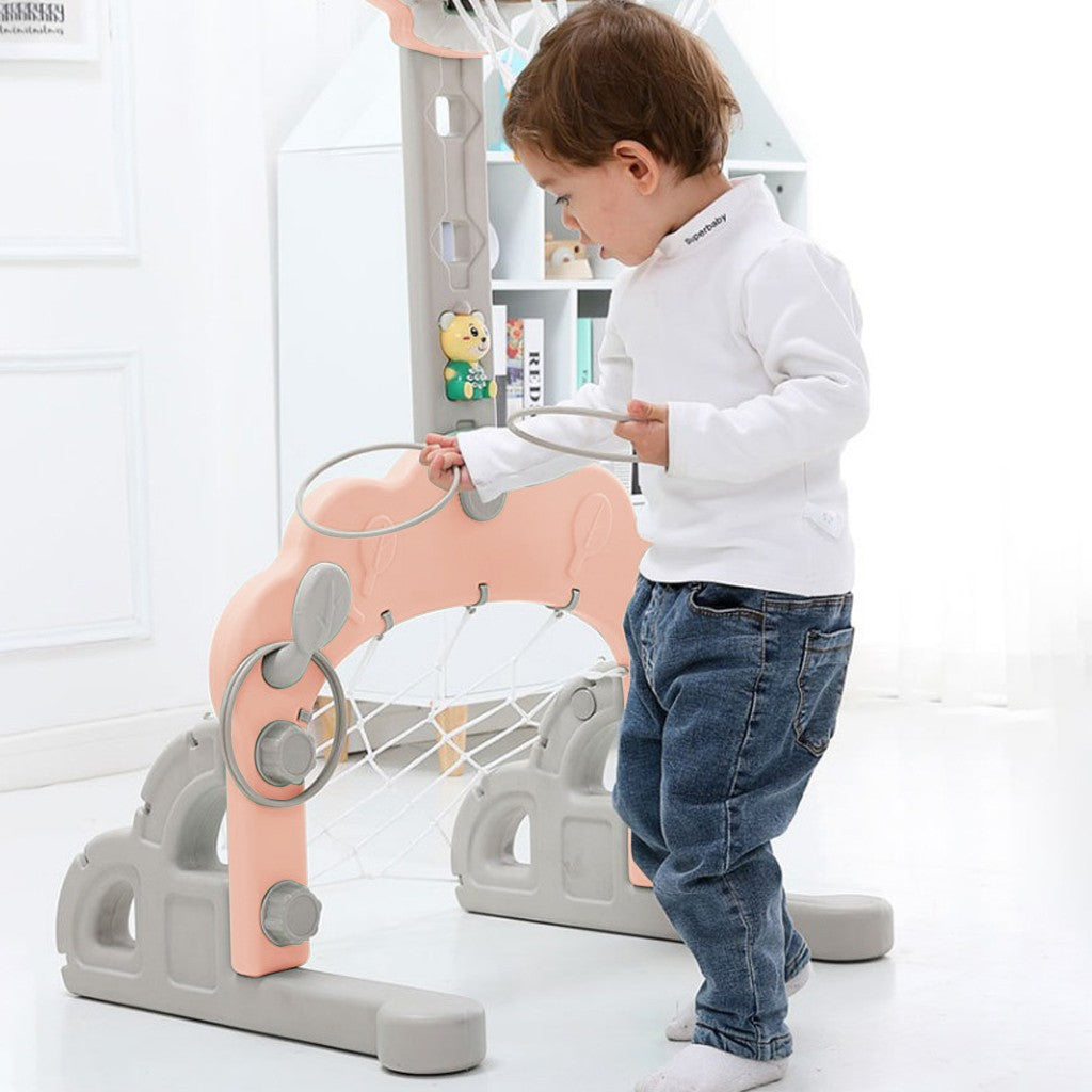 Oalirro Basketball Hoop Set， 3 in 1 Sports Activity Center Grow-to-Pro Adjustable Easy Score Basketball Hoop， Football / Soccer Goal， Ring Toss Cute Giraffe Best Gift for Baby Infant Toddler (Pink)