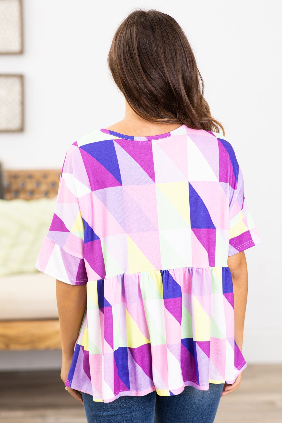Purple Multicolor Geometric Babydoll Top