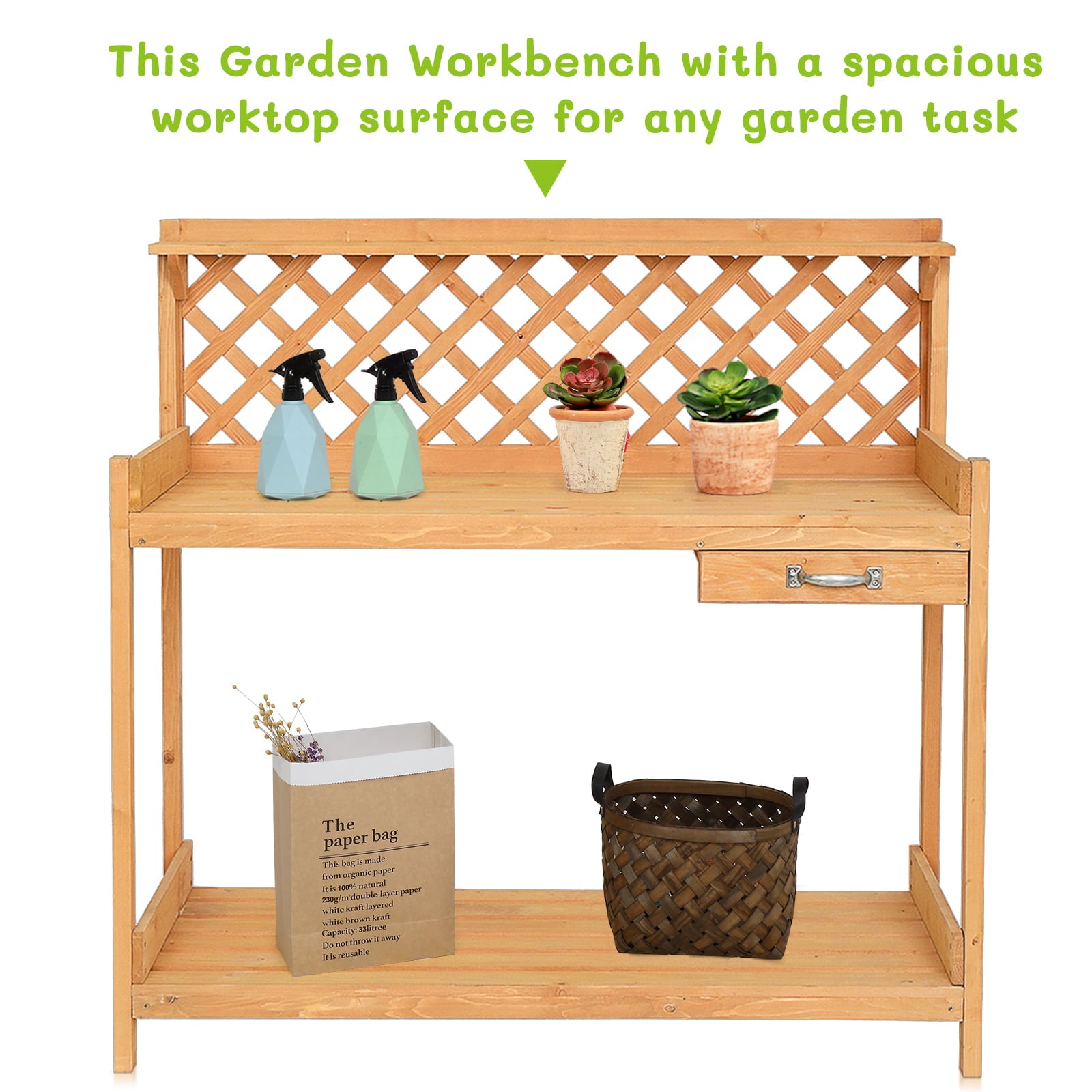 Ktaxon Garden Workbench Potting Table for Outside Garden with Drawer Burlywood