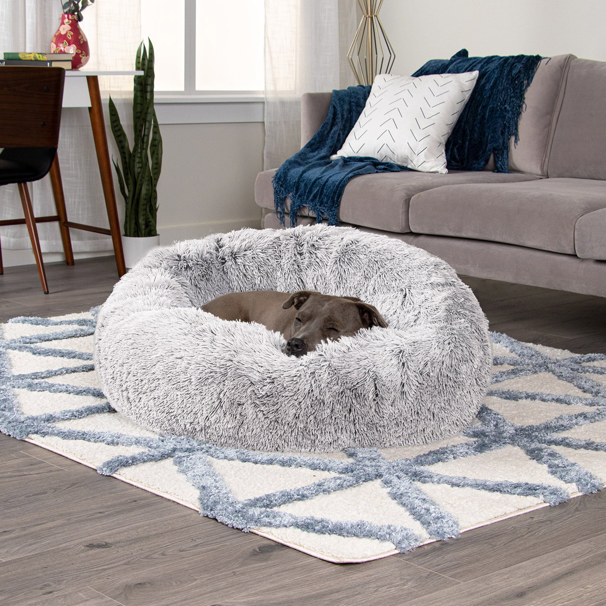 FurHaven | Calming Cuddler Long Fur Donut Pet Bed for Dogs and Cats， Mist Gray， Large