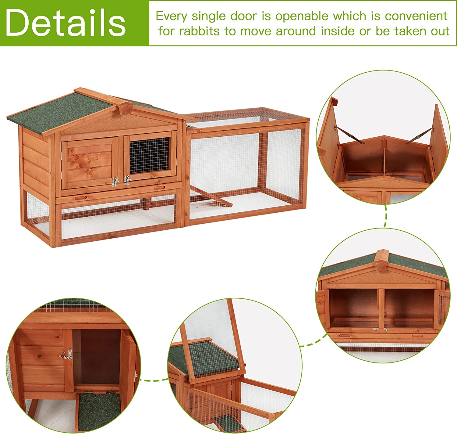 Wooden Rabbit Hutch， 2-Tiyer Indoor Outdoor Pet House with Pull Out Tray， Bunny Cage with Ramp and Waterproof Roof， Grey