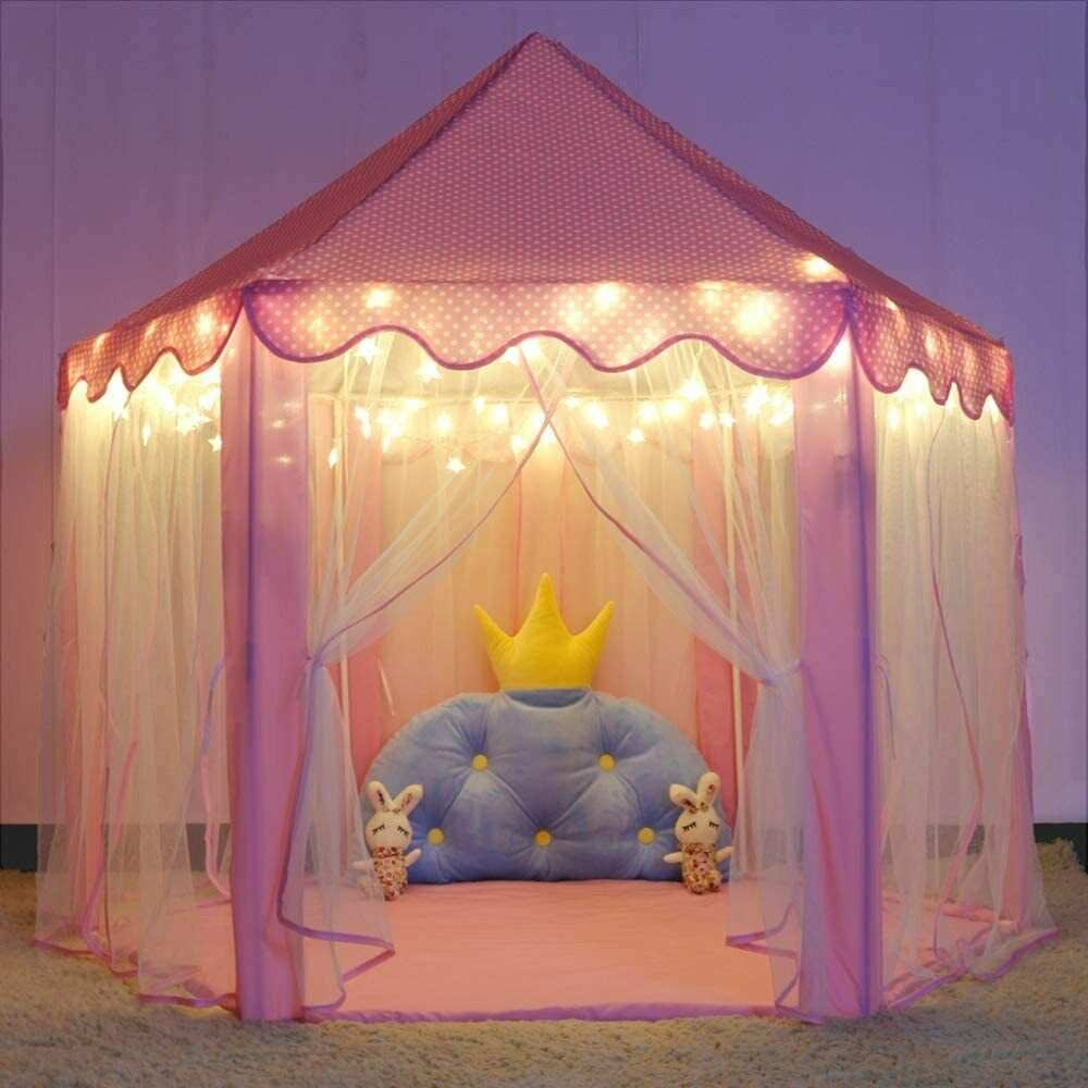 Princess Castle Cute Playhouse with Star Lights for Children, Unbranded Girls Princess Castle Play Tent Indoor Outdoor Kids Gift - Pink 55x53"