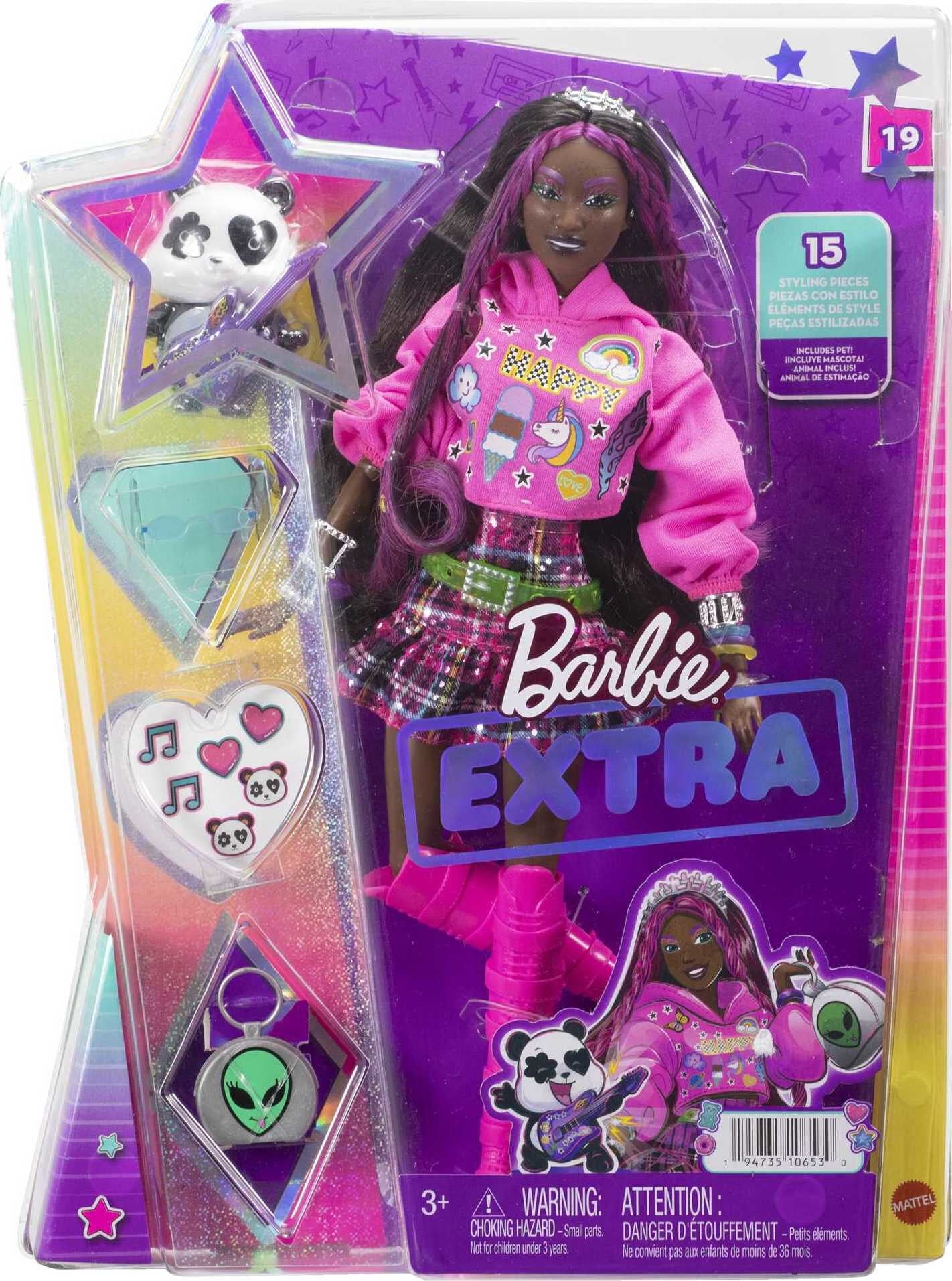 Barbie Extra Fashion Doll with Pink-Streaked Brunette Hair in Graphic Hoodie with Accessories & Pet