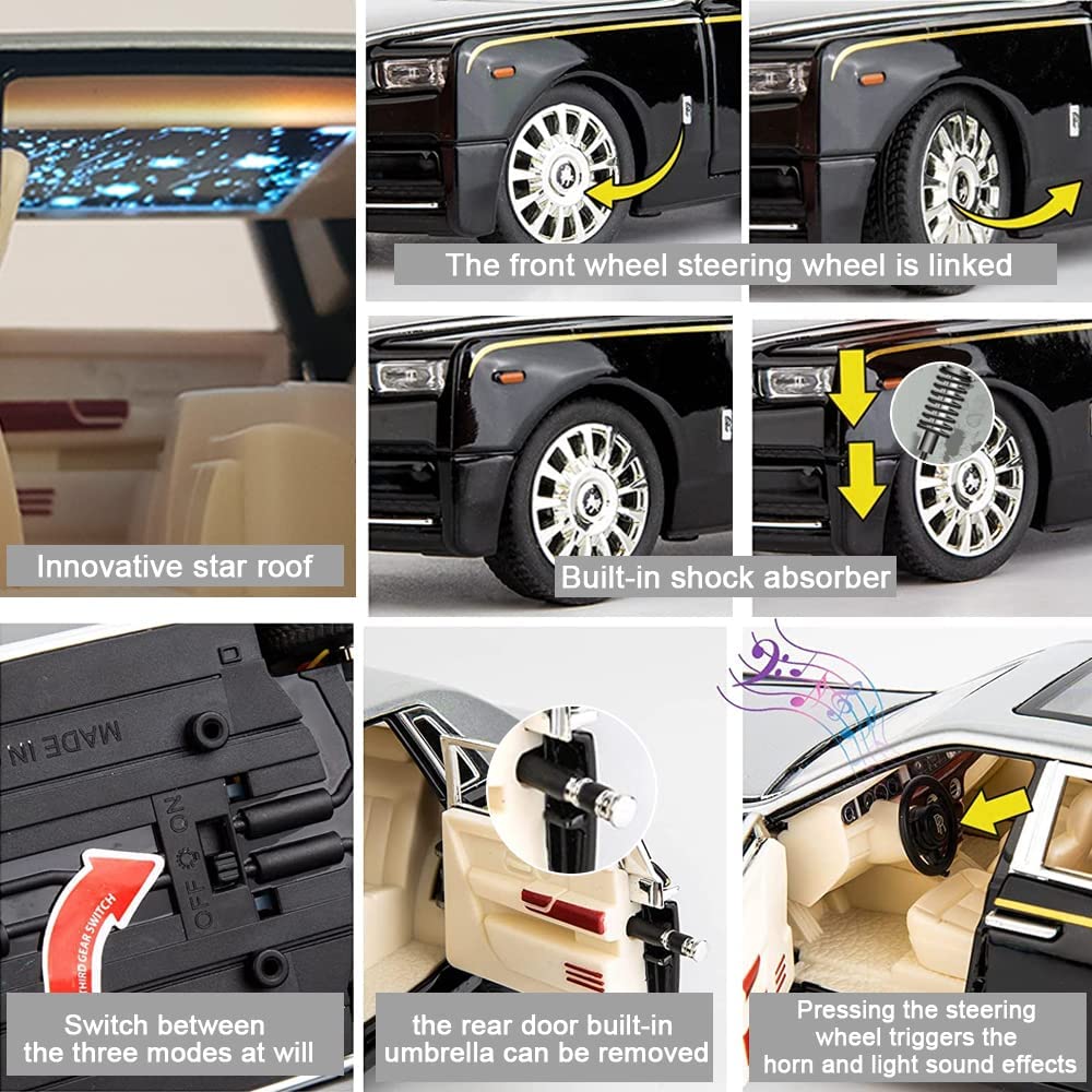 Cocobaby Upgrade Version -Exquisite car Model 1/24 Rolls-Royce Phantom Model Car，Zinc Alloy Pull Back Toy car with Sound and Light for Kids Boy Girl Gift. (Silver-Black)