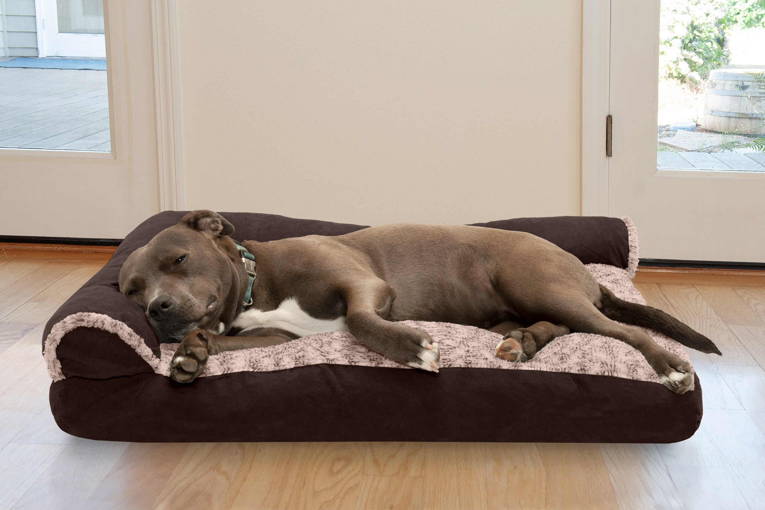 FurHaven | Faux Fur and Suede Deluxe L-Chaise Lounge Pillow Sofa Pet Bed for Dogs and Cats， Espresso， Large