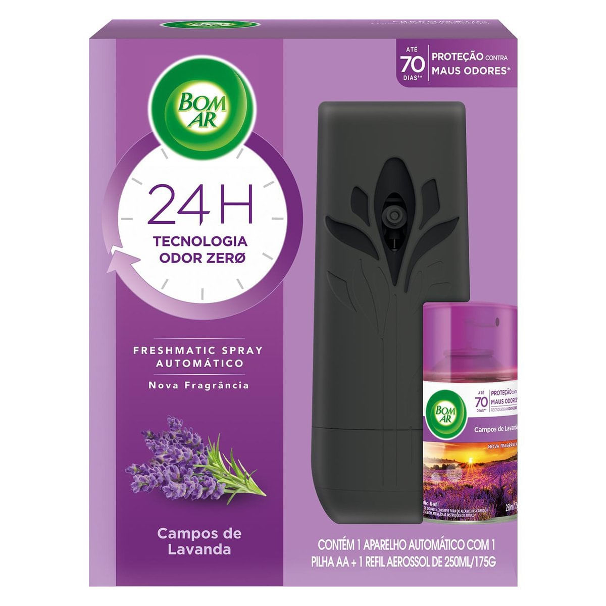 Aromatizador de Ambiente Bom Ar Automatico Aerossol Freshmatic Campos de Lavanda Aparelho + Refil 250ml
