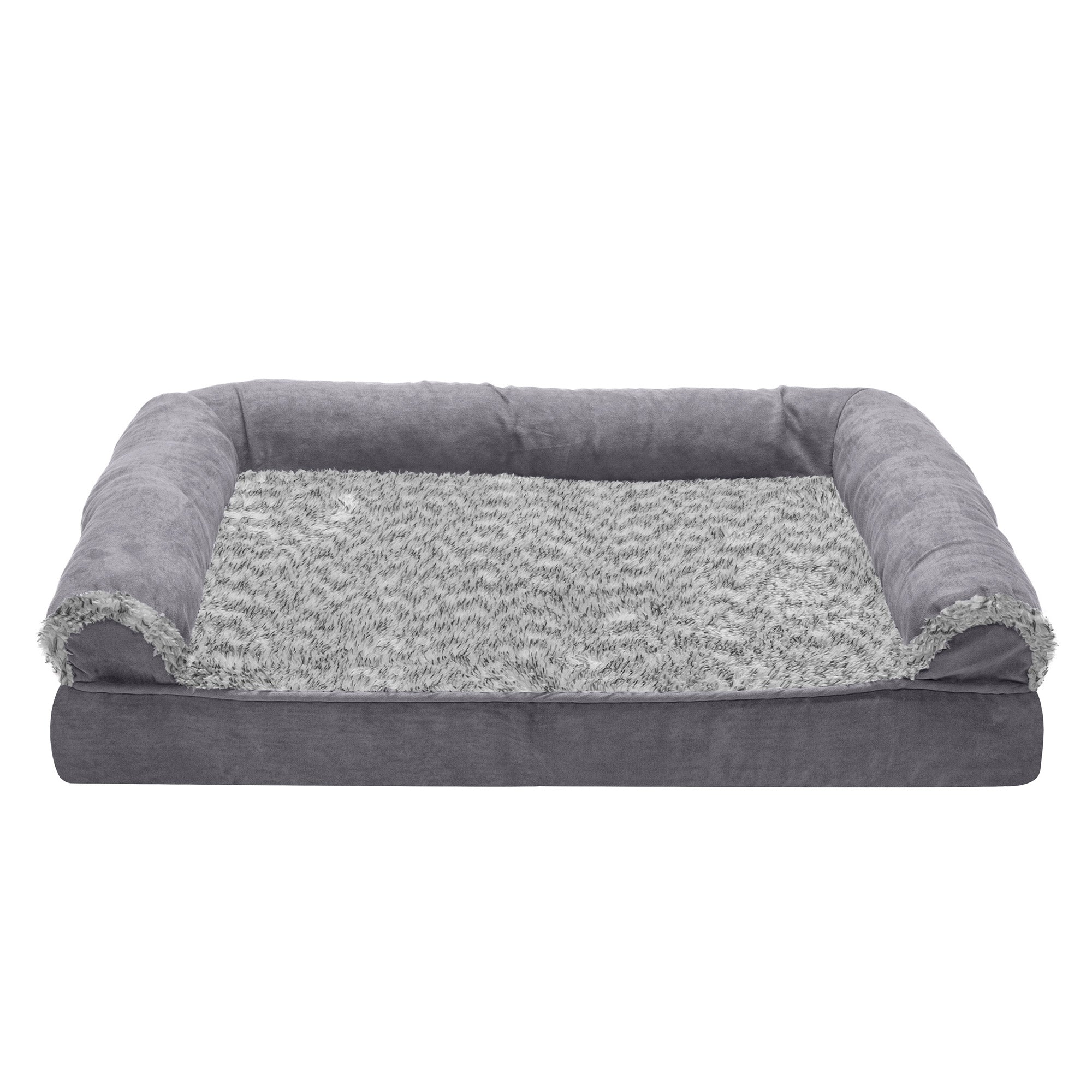 FurHaven Pet Products | Cooling Gel Memory Foam Orthopedic Two-Tone Faux Fur and Suede Sofa-Style Couch Pet Bed for Dogs and Cats， Stone Gray， Medium