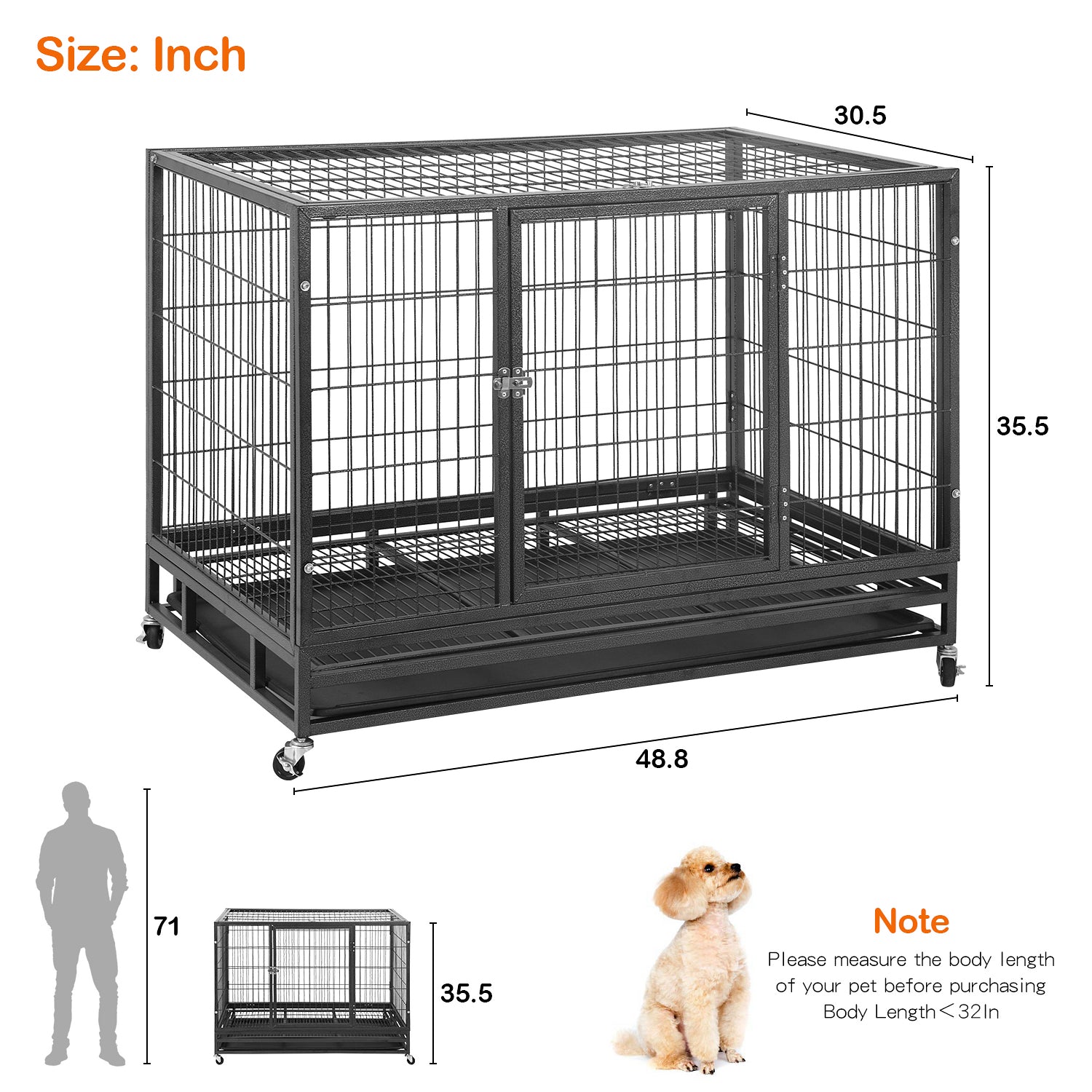 BestPet 48 inch Heavy Duty Dog Cage Large Dog Crate Strong Metal Dog Kennels with Double Doors，Lockable Wheels， Indoor Outdoor Dog Crates for Medium and Large Dogs with Removable Tray