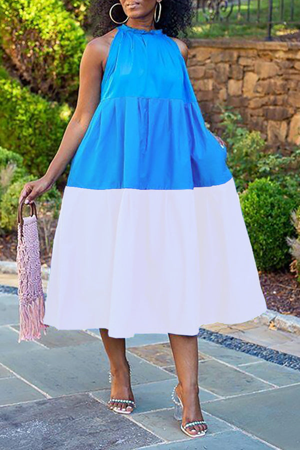 Fashion Casual Color Matching Sleeveless Loose Pleated Dress