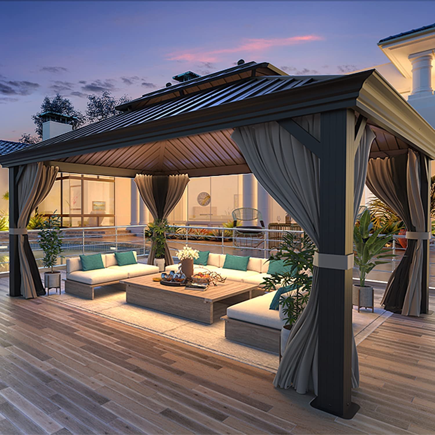 Mellcom 12' X 16' Hardtop Gazebo Galvanized Steel 12 ft Outdoor Double Roof Patio Gazebo with Aluminum Frame Brown