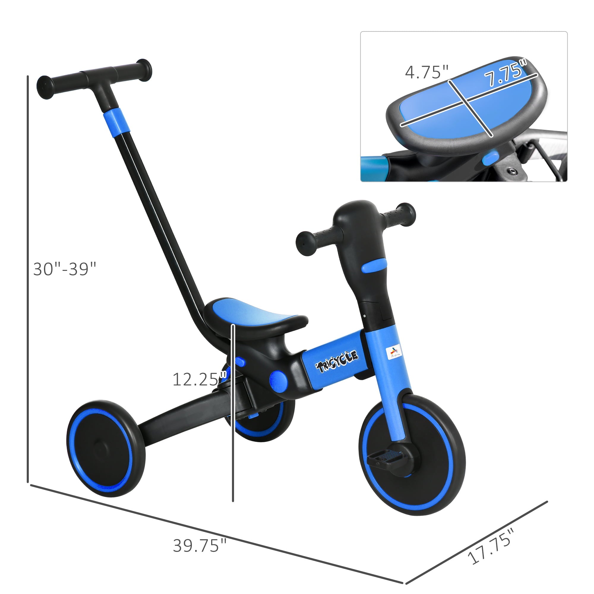 Aosom 4-in-1 Toddler Tricycle， Adjustable Balance Bike， Kids Bike， Baby Bicycle Push Trike for Kids 2-4 with Folding Trike Handle， Outdoor Toy for Toddlers and Kindergarteners， Blue