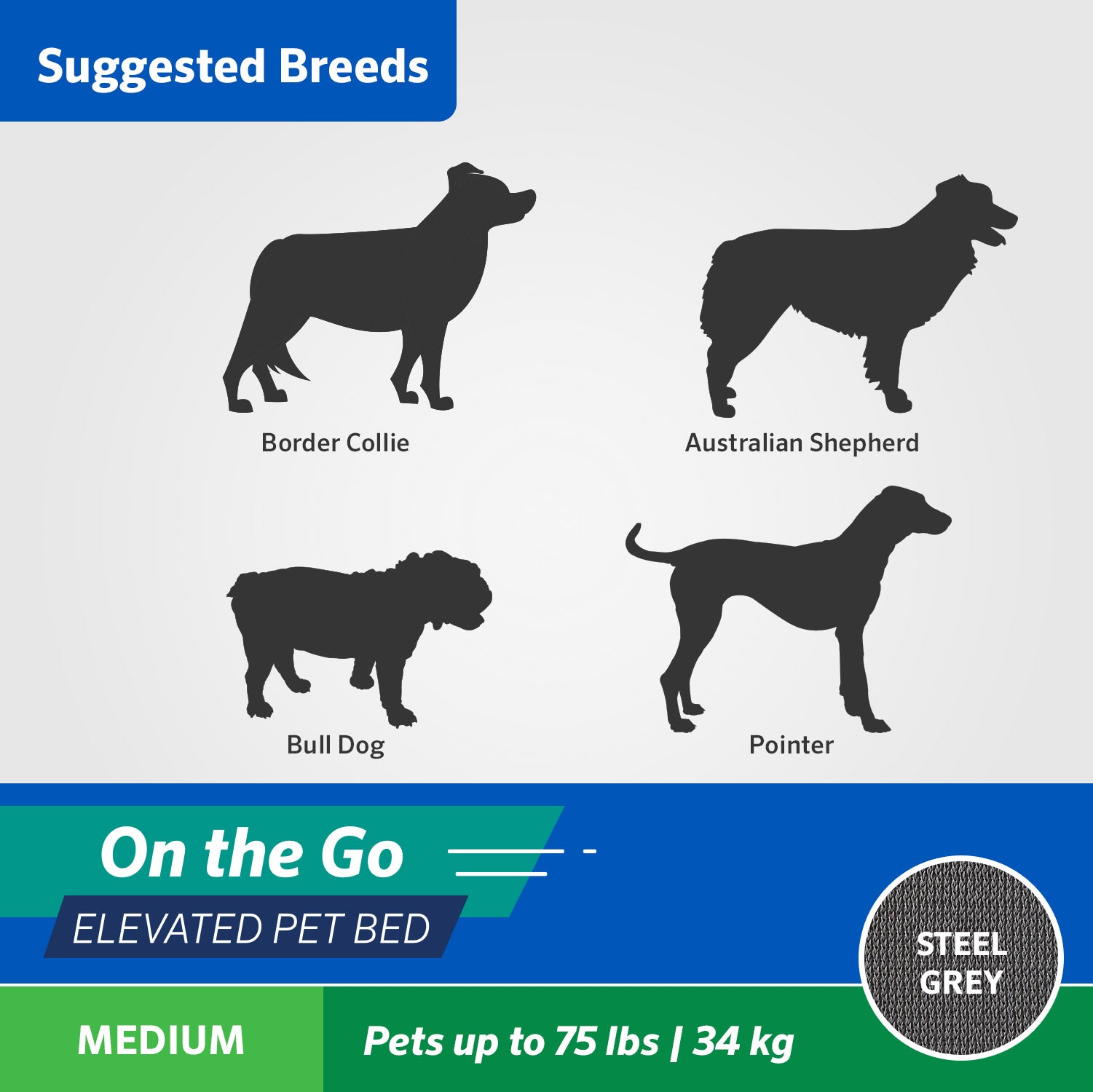 Coolaroo On the Go Elevated Travel Dog Bed， Medium， Steel Gray