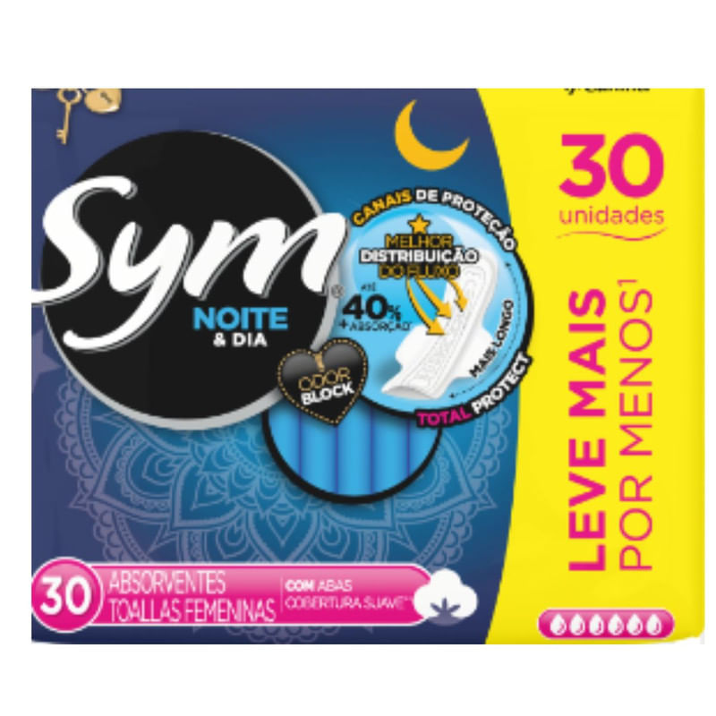 Absorvente Suave Com Abas Noite e Dia 30 Unidades Sym