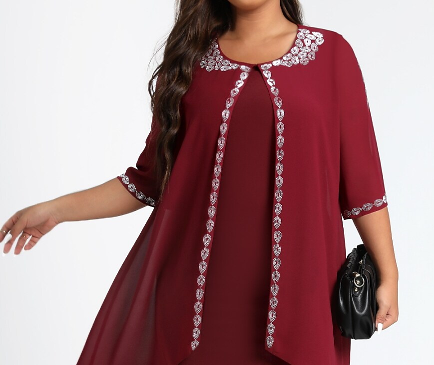 Women's Plus Size Dress Set Pure Color Round Neck Dress