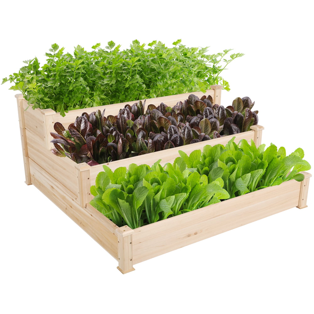 Easyfashion Raised/Elevated Garden Bed Tiered Planter Box, Natural Wood