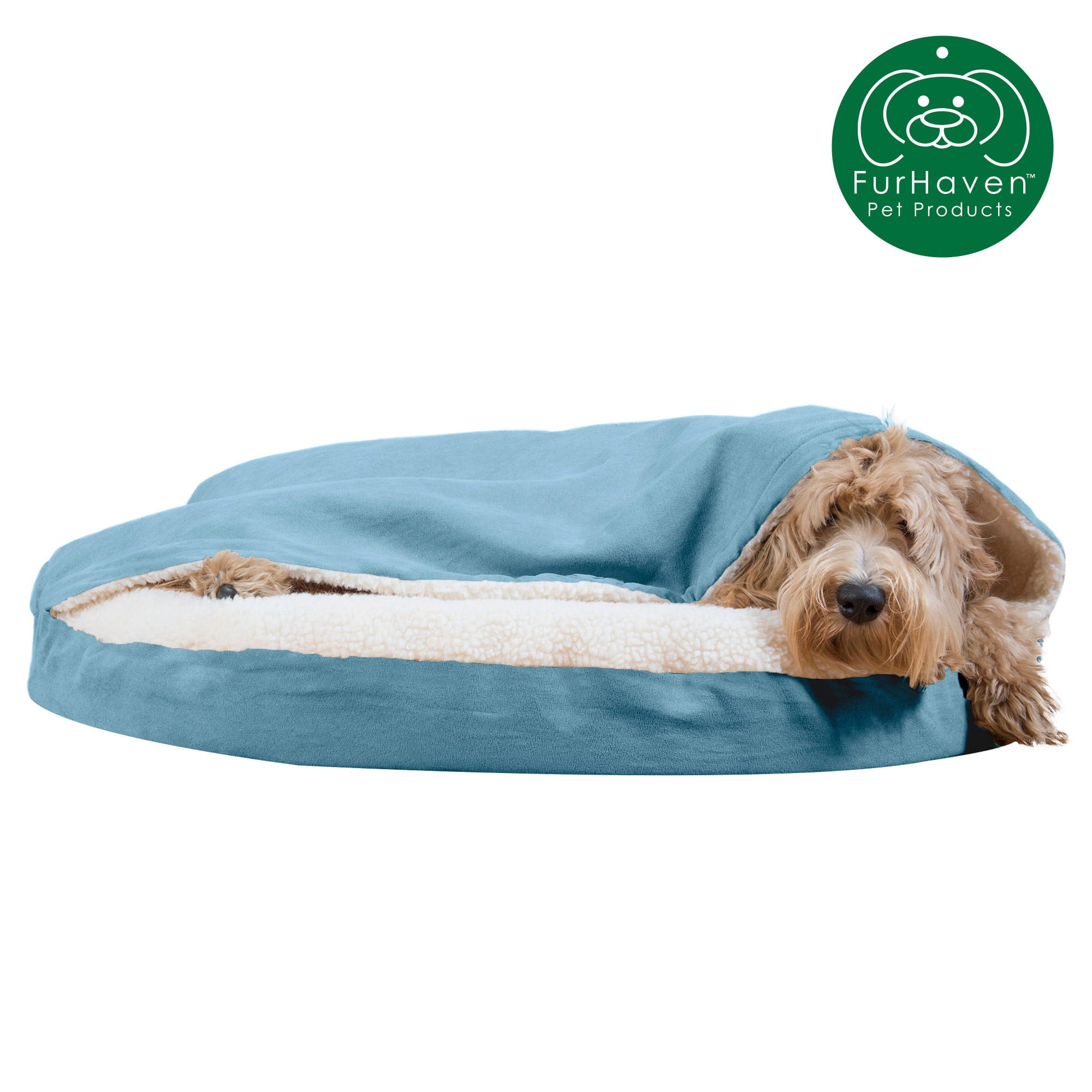 FurHaven Pet Products Orthopedic Faux Sheepskin Snuggery Burrow Pet Bed for Dogs and Cats， Blue， 35