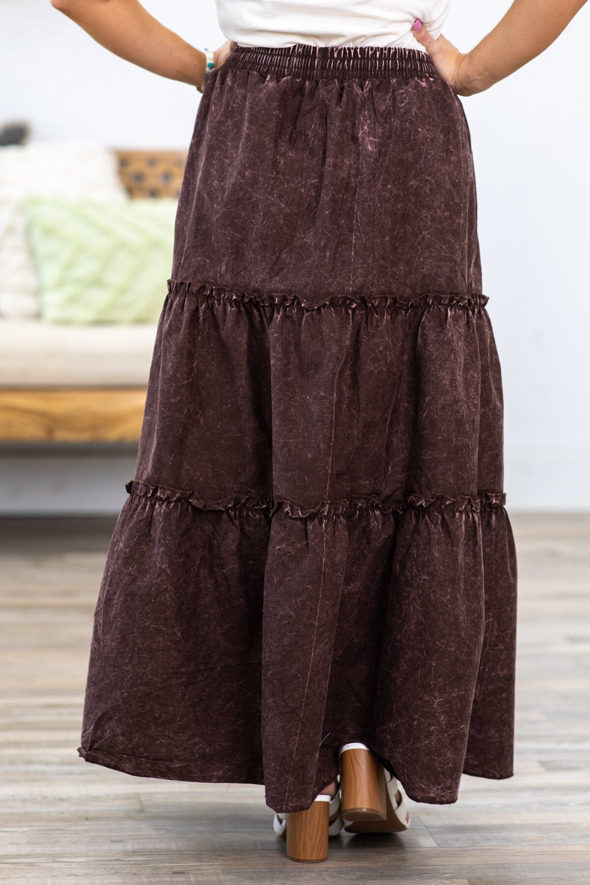 Brown Washed Elastic Waist Maxi Skirt