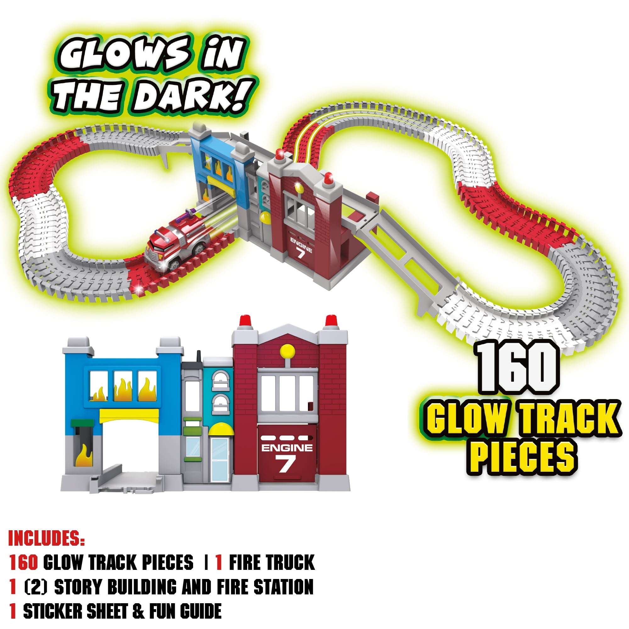 Ontel Magic Tracks Fire Inferno， Fire Truck with a 10ft Glow in The Dark Race Track， For Ages 3+