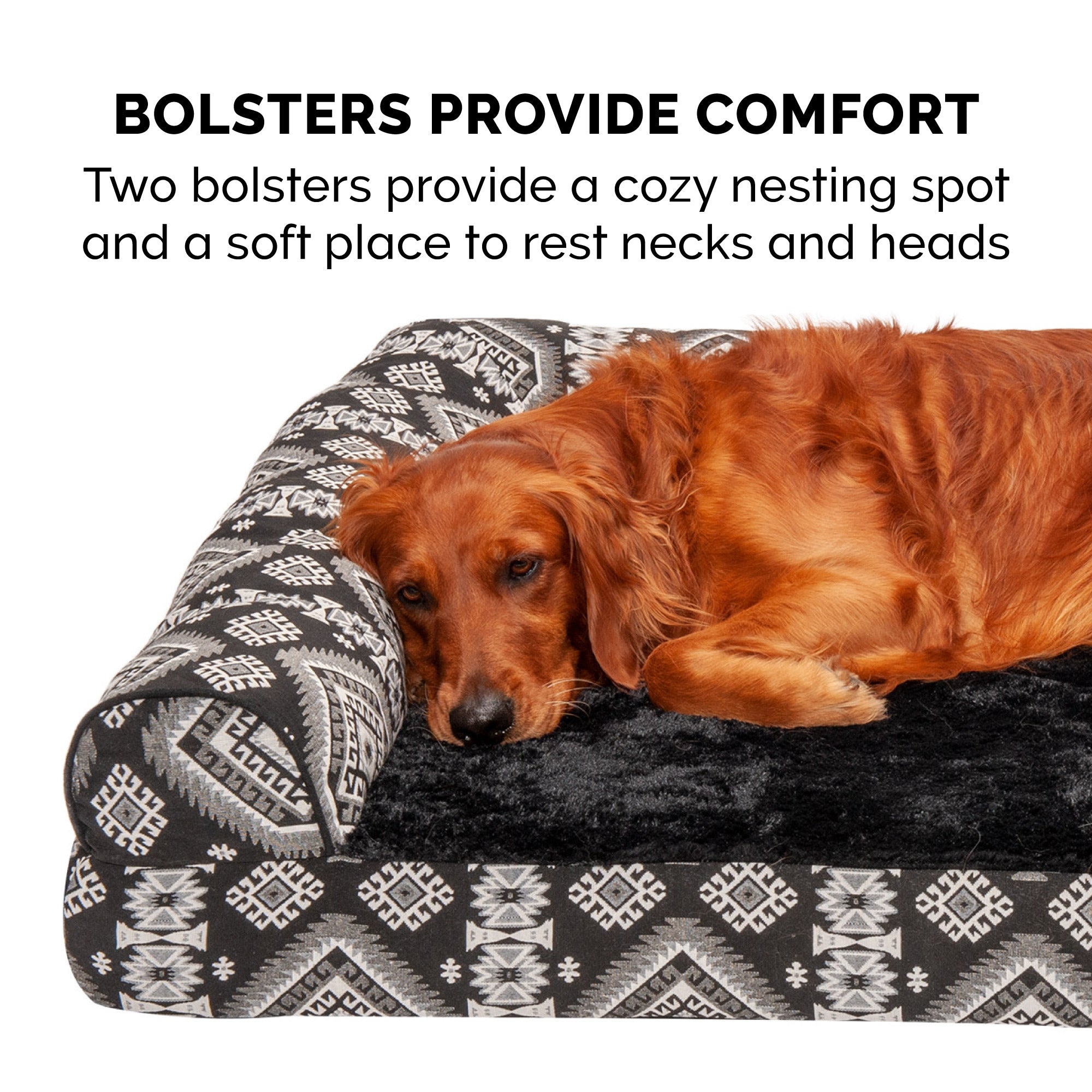 FurHaven | Deluxe Orthopedic Southwest Kilim L-Chaise Lounge Pet Bed for Dogs and Cats， Black Medallion， Large