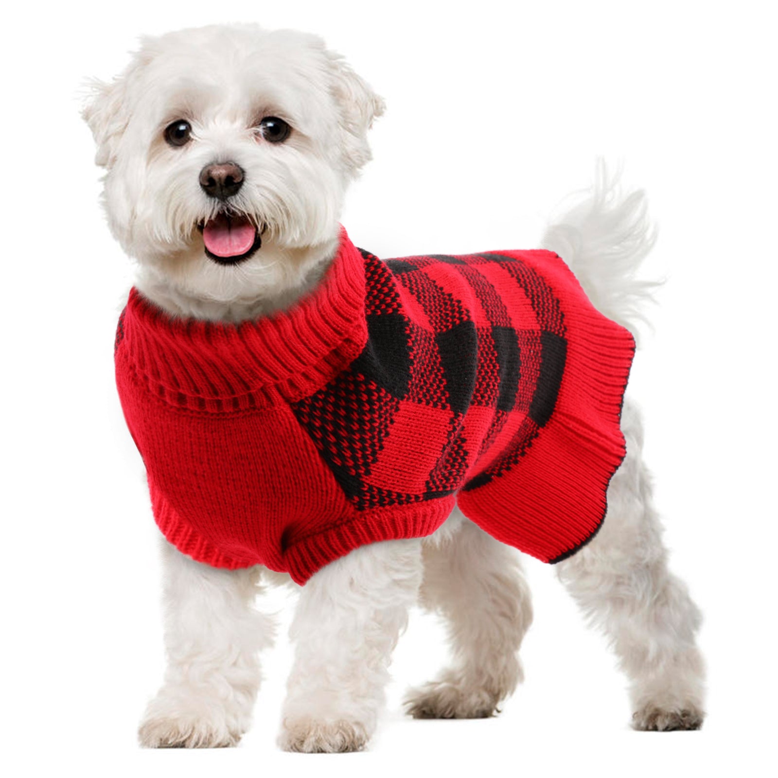 QBLEEV Pet Dog Sweaters Dress for Small Medium Dogs，Dog Knitwear Warm Turtleneck Pullover Puppy Sweater，Cute Pet Plaid Vest Dress with Leash Hole， Cozy Pet Fall Winter Clothes Christmas Apparel