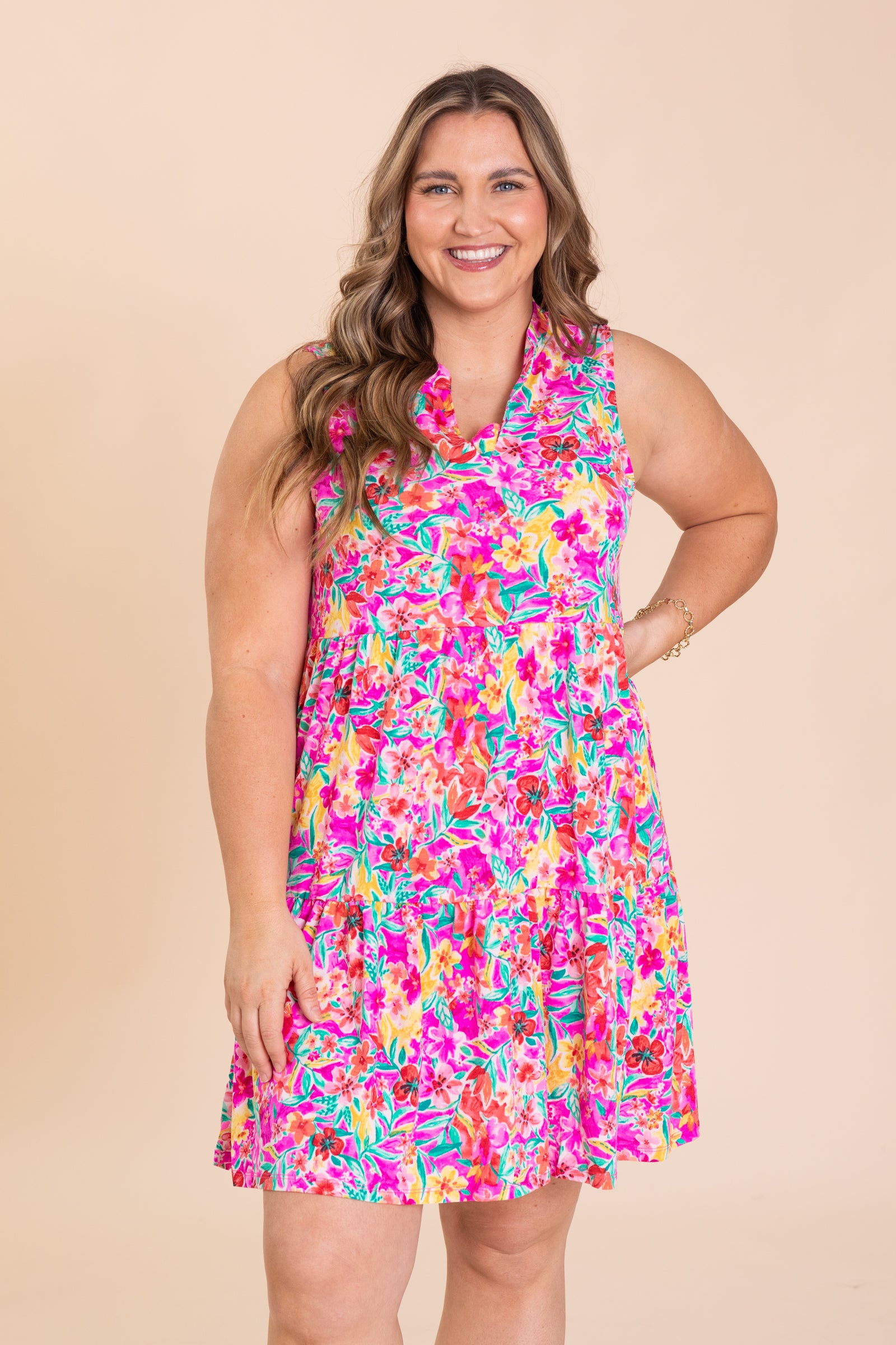 Fuchsia Floral Tiered Wrinkle Free Dress