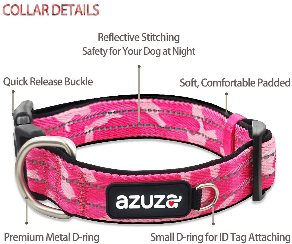 azuza Reflective Dog Collar and Leash Set Padded Collar with Matching Clip Handle Leash