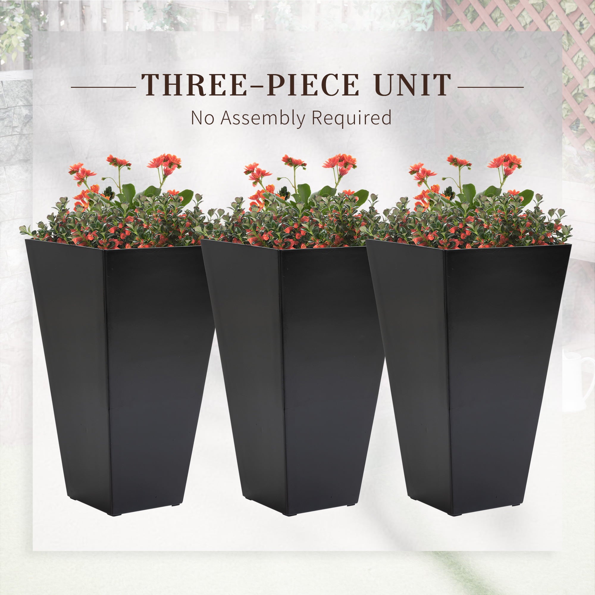Outsunny 28" Tall Plastic Planters, 3-Pack, Large Taper Outdoor & Indoor Plastic Garden Flower Pots, for Entryway, Patio, Yard, Black