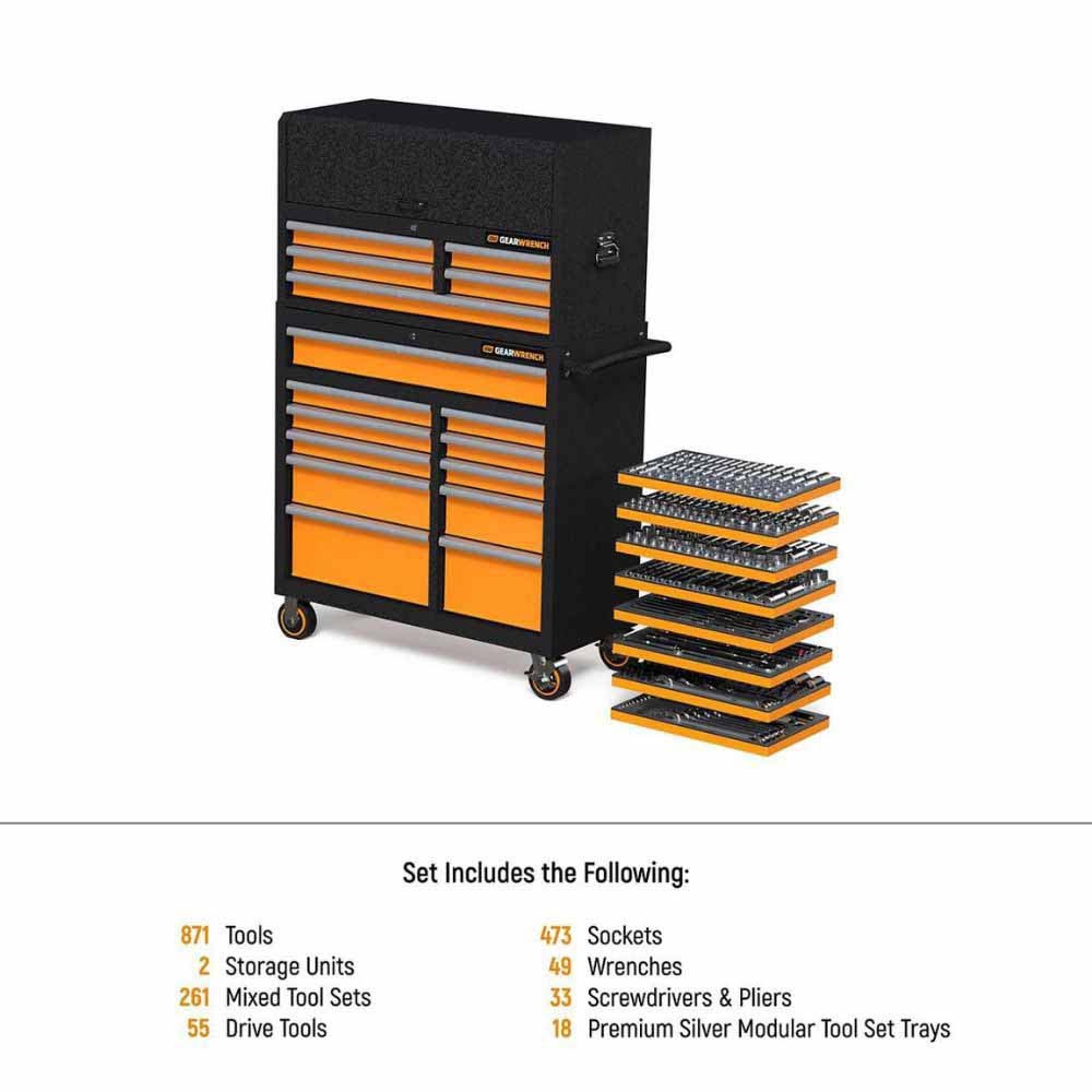 Conjunto de ferramentas GearWrench MEGAMOD873 Master Technician com 873 peças, em bandejas modulares com compartimentos para armazenamento.