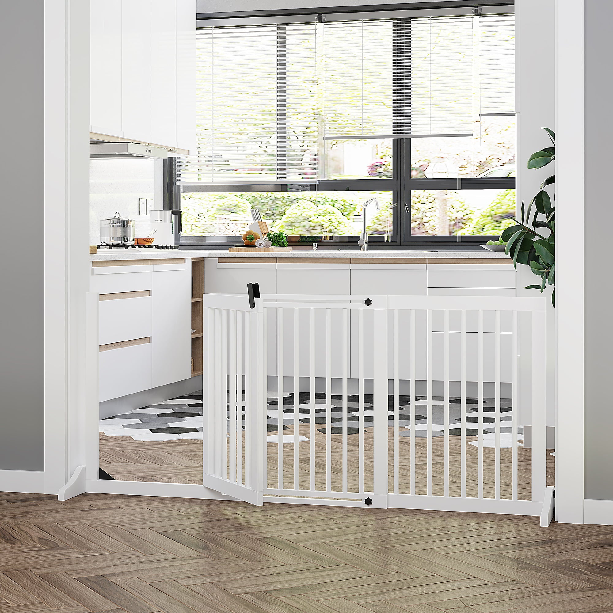 PawHut Wooden Freestanding Pet Gate Adjustable w/ Door Lock Safe Barrier White