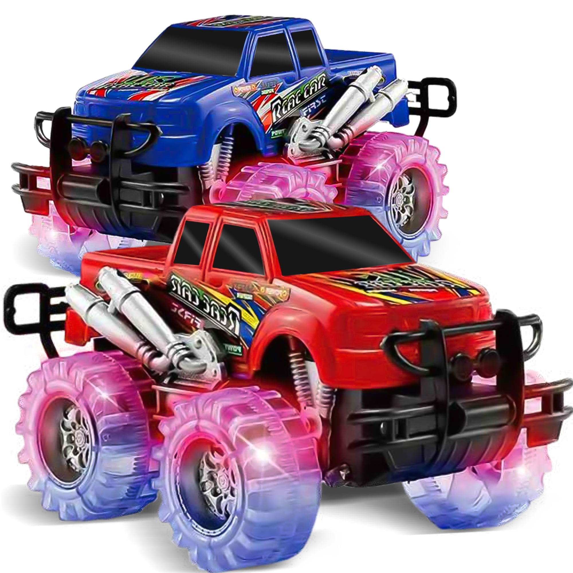 JoyX 2 Pack Light Up Monster Truck Car Toy with Beautiful Flashing LED Tires， Best Birthday Gift for Boy Girl Ages 3+， Push n Go Cars， Toy， Race Truck Car for Kid Party Favors and Daily Play