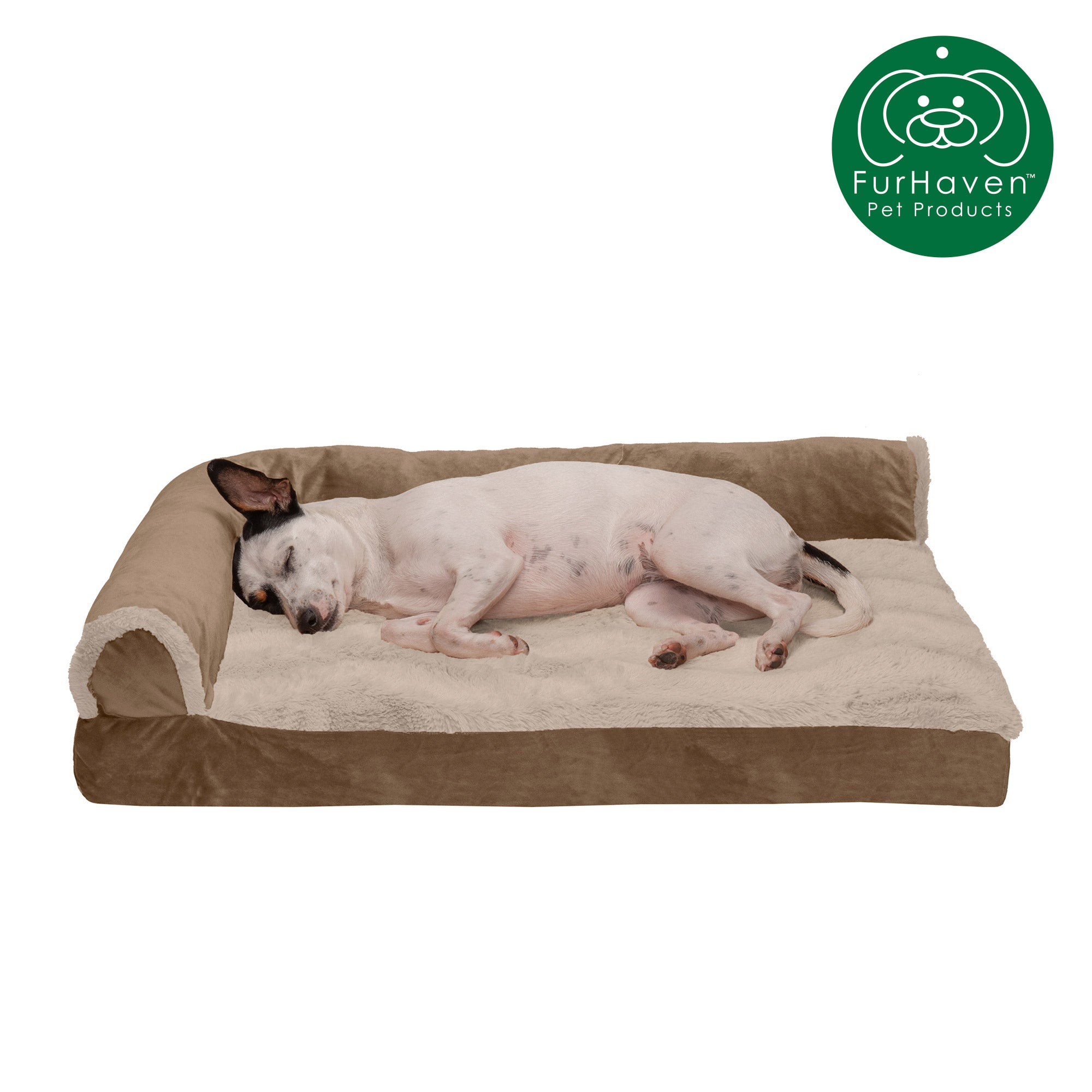 FurHaven | Deluxe Memory Foam Wave Fur and Velvet L-Chaise Lounge Pet Bed for Dogs and Cats， Brownstone， Medium