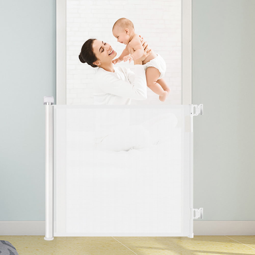 Retractable Dog Gate Baby Gates for Stairs， JoyHi Extra Wide Safety Child or Pets Gates， 33” Tall， Extends to 55” Wide， Mesh Cat Puppy Gate for The House Indoor/Outdoor， Doorways， Hallways (White)