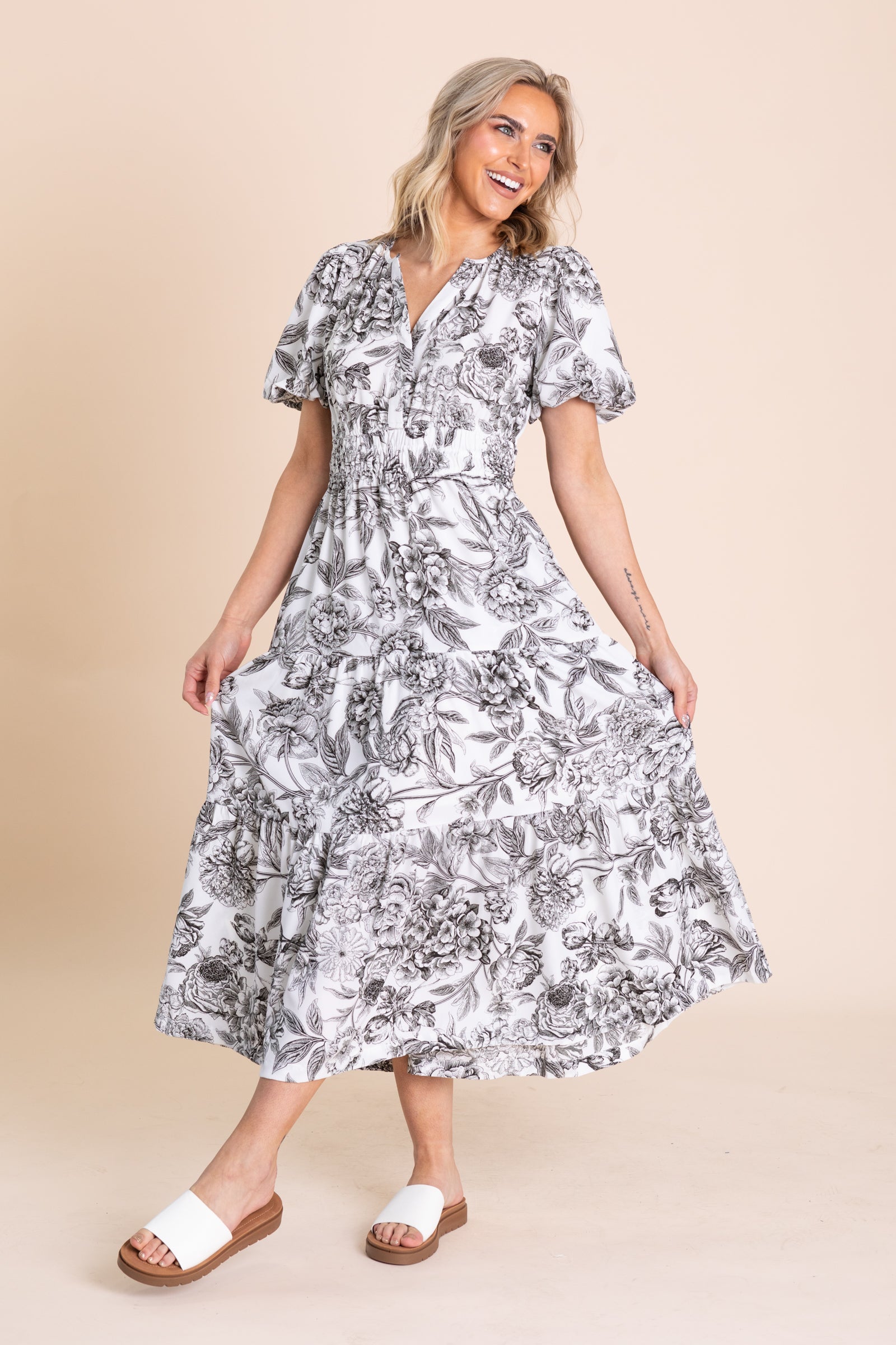 Black And White Floral Print Maxi Dress