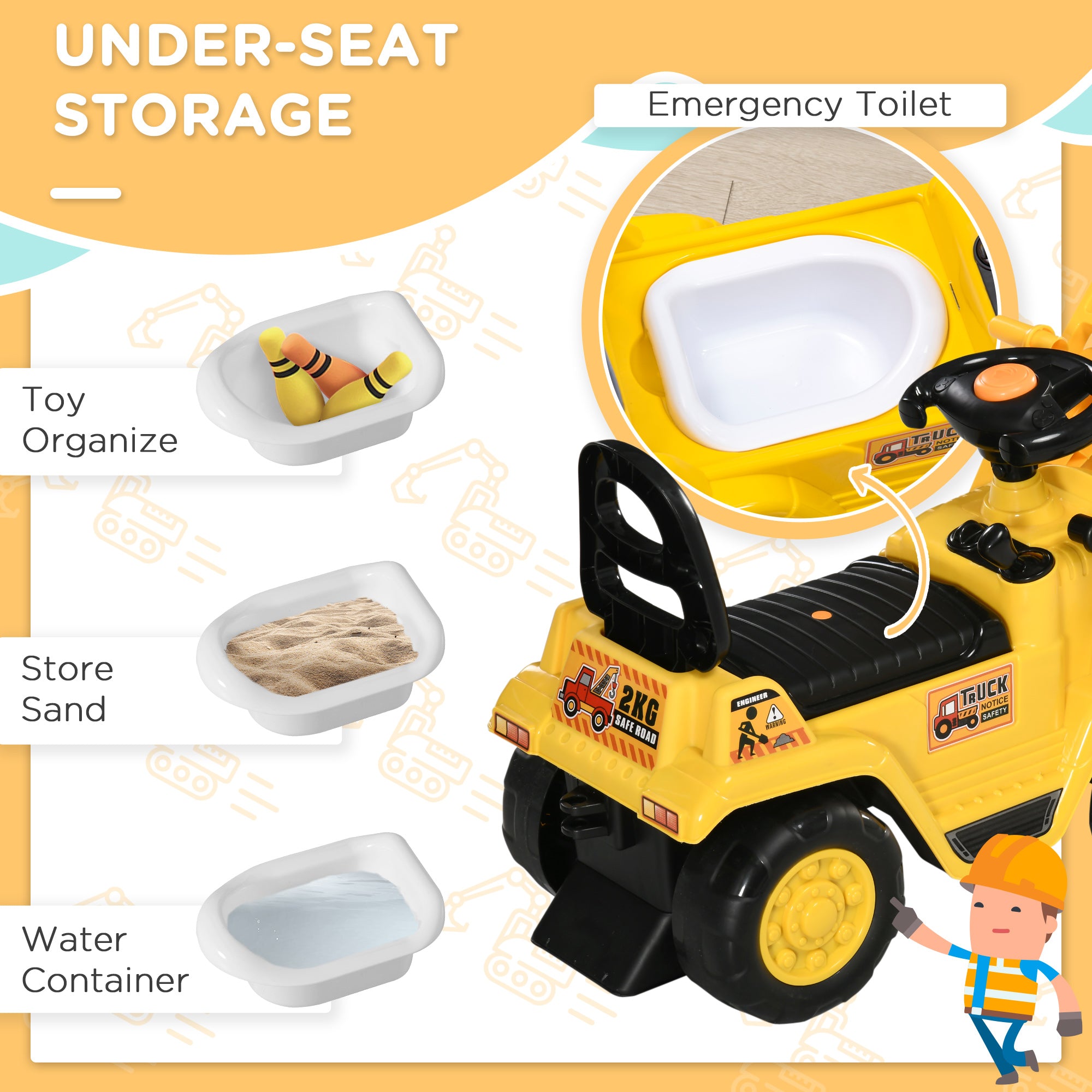 Aosom Kids Excavator Ride-on Pulling Cart with Sound Effects， Kids Digger Sit n Scoot Ride-on Toy for Toddler or Preschool Age with Under-Seat Storage， Treaded Wheels
