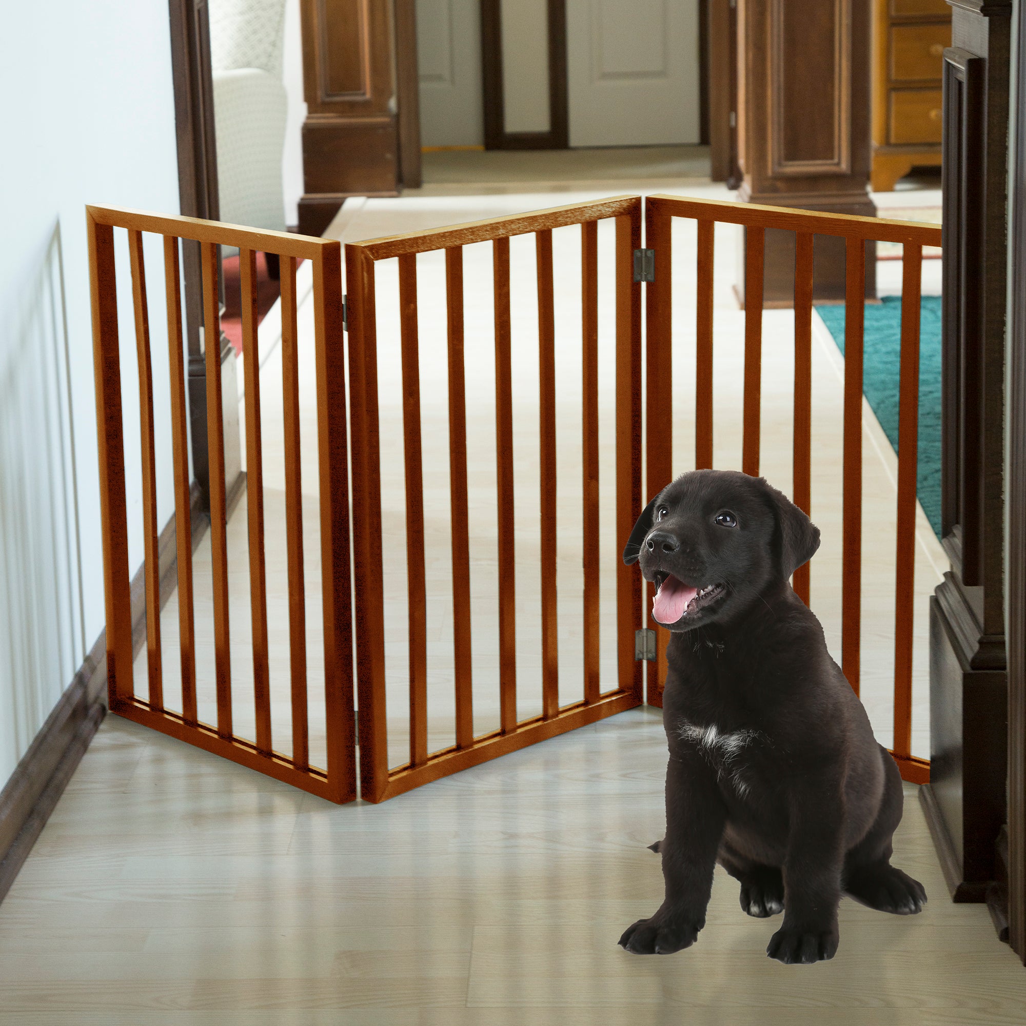 Expanding Portable Freestanding Wooden Pet Gate - Light Brown