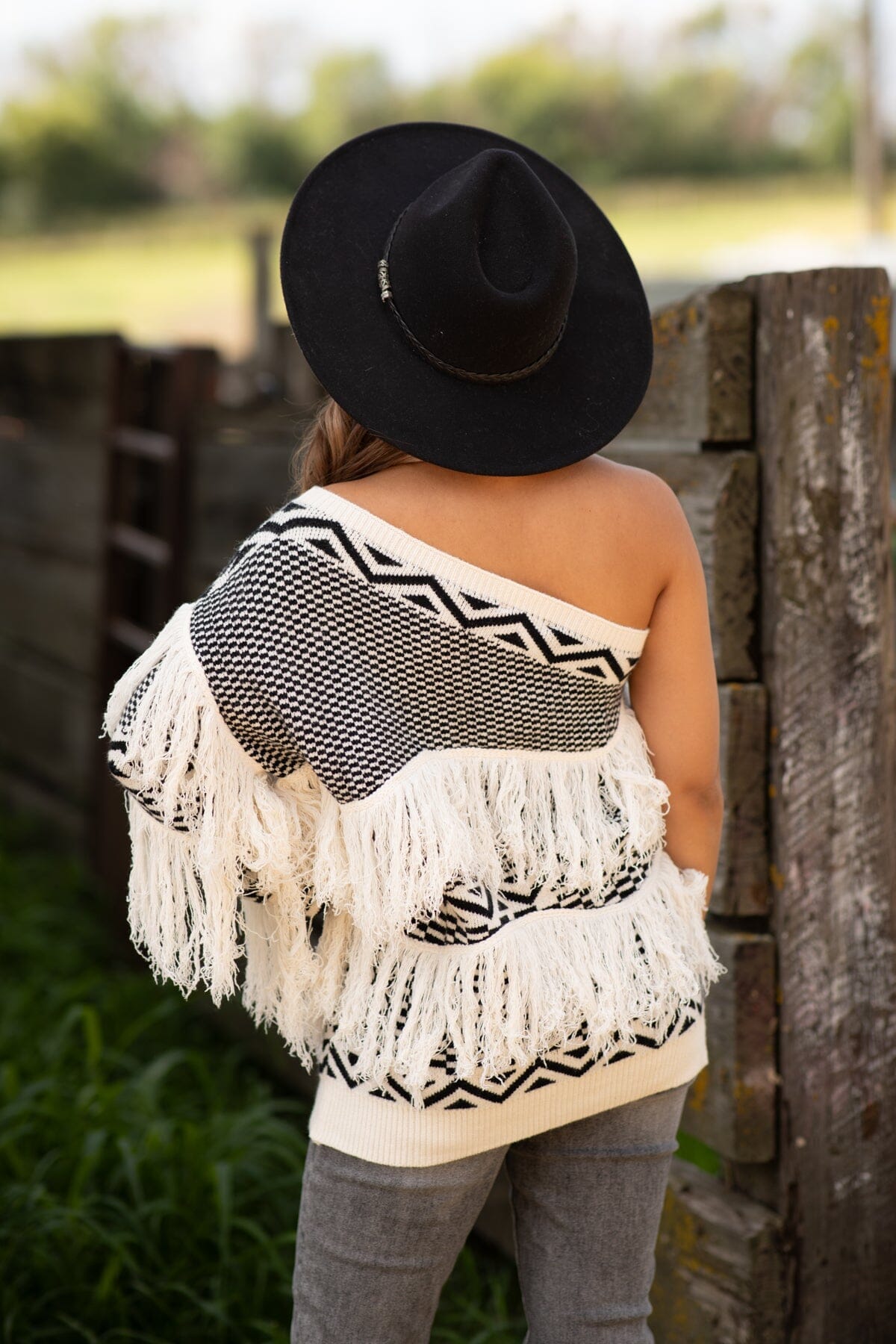 Ivory One Shoulder Sweater With Fringe