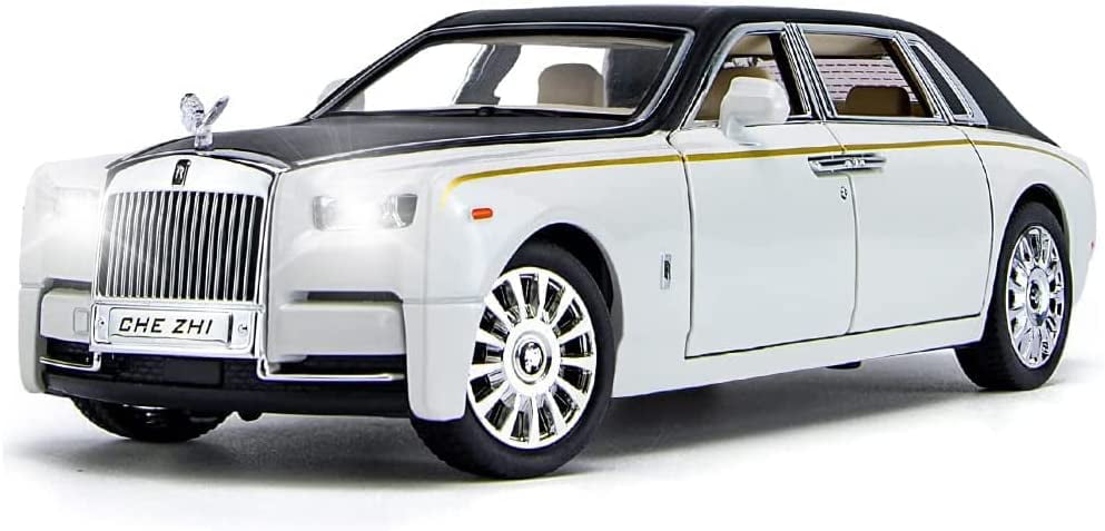 Cocobaby Upgrade Version -Exquisite car Model 1/24 Rolls-Royce Phantom Model Car，Zinc Alloy Pull Back Toy car with Sound and Light for Kids Boy Girl Gift. (White-Black)