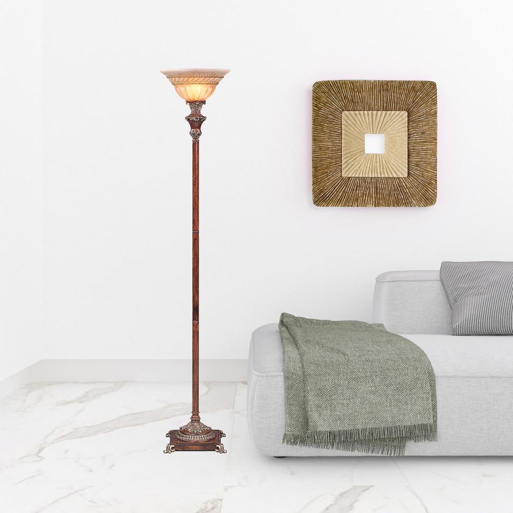 HomeRoots 431805 69 in. Faux Wood Torchiere Floor Lamp with Brown Stained Glass Bell Shade, Brown