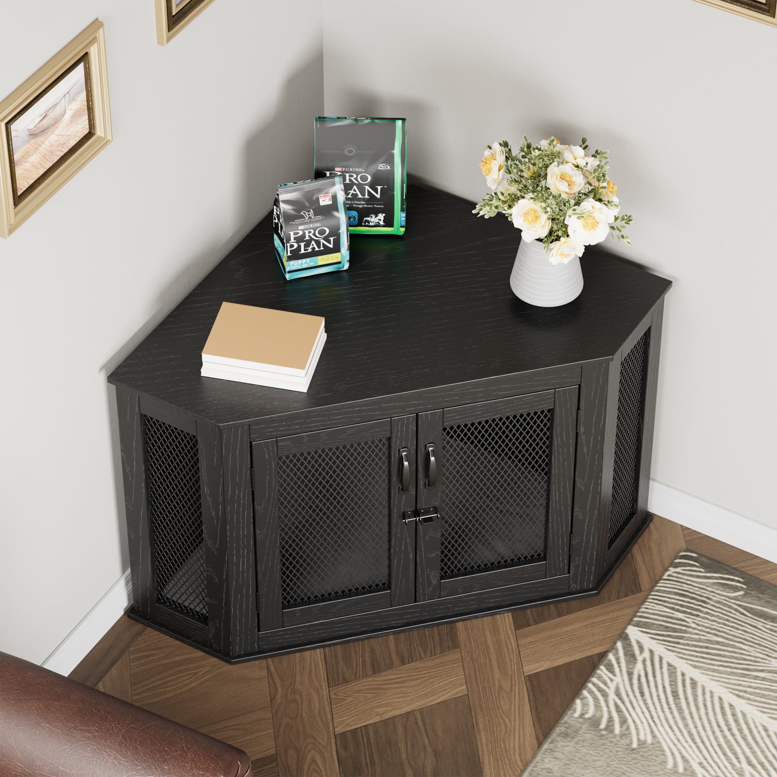 Corner Dog Crate， Wooden Dog Kennel with Cushion， Indoor Dog Crate Cage for Small Medium Dogs， Perfect for Limited Room， L Size， Black