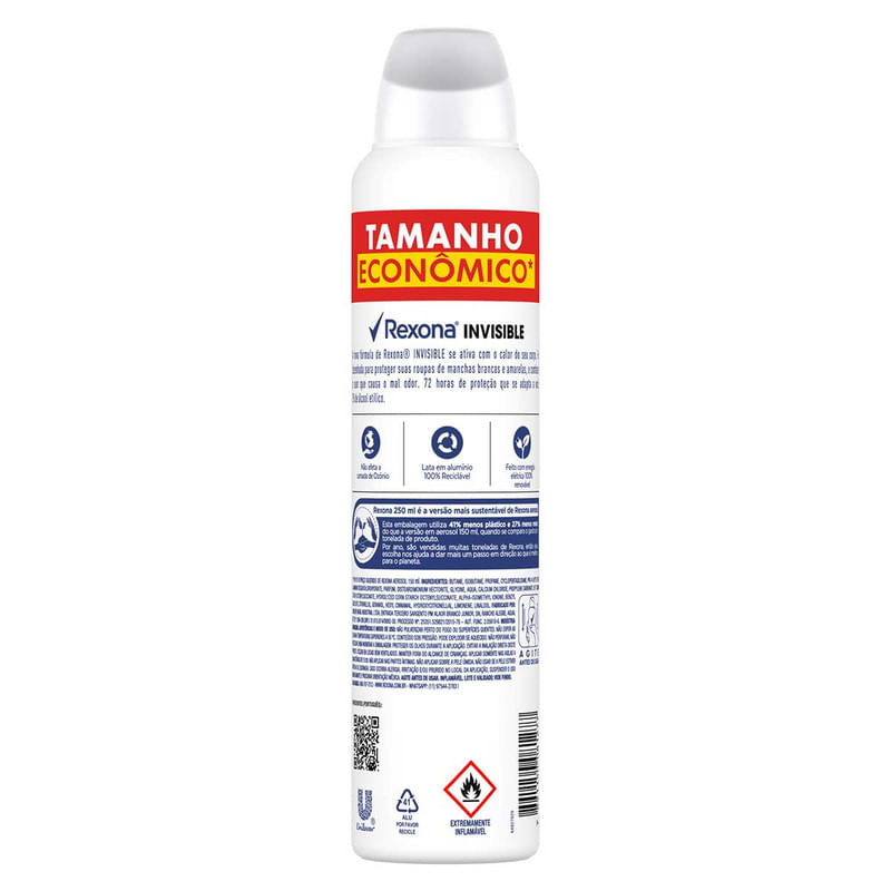 Desodorante Antitranspirante Aerosol Rexona Invisible 250 ml