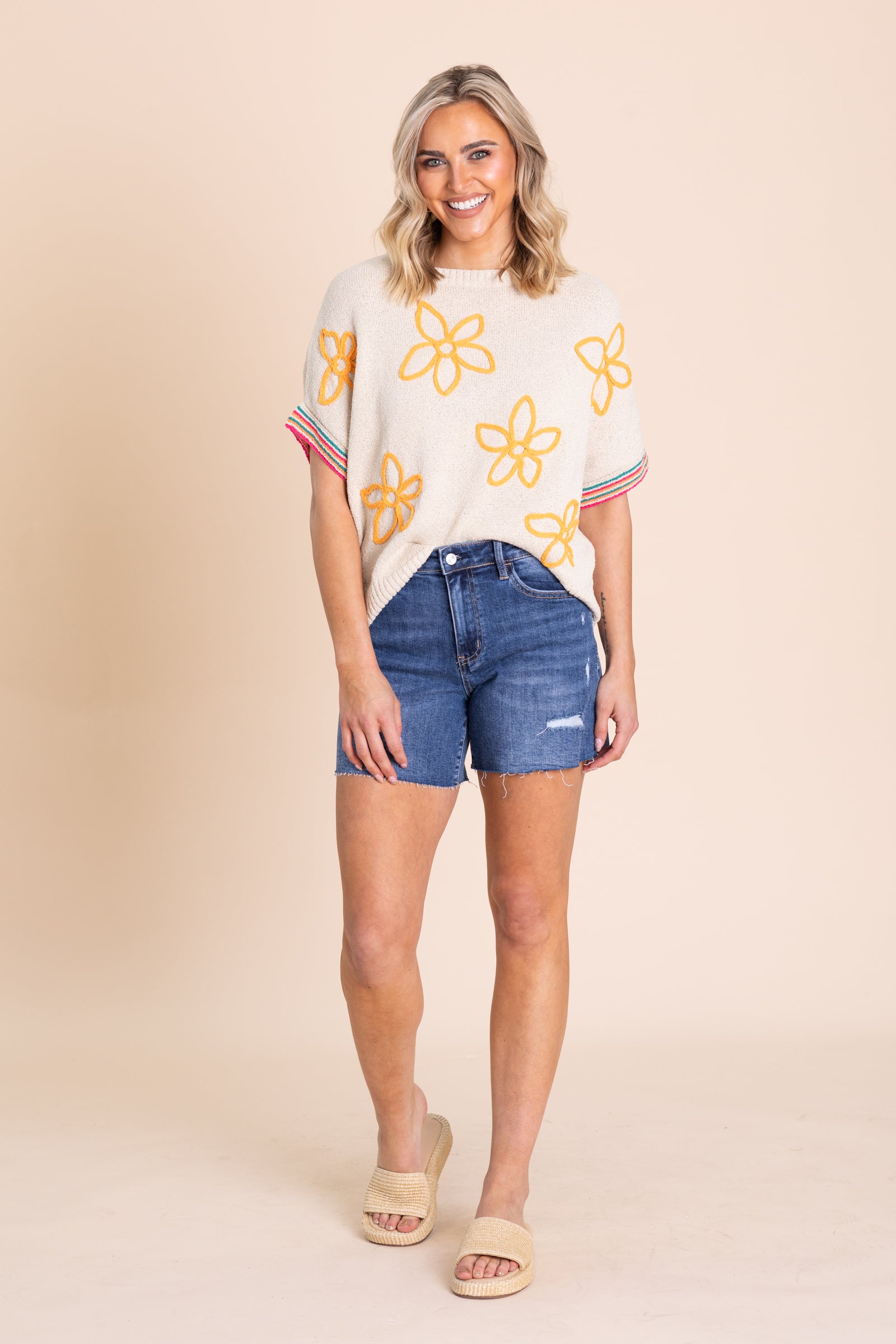 Beige With Marigold Flowers Knit Sweater Top