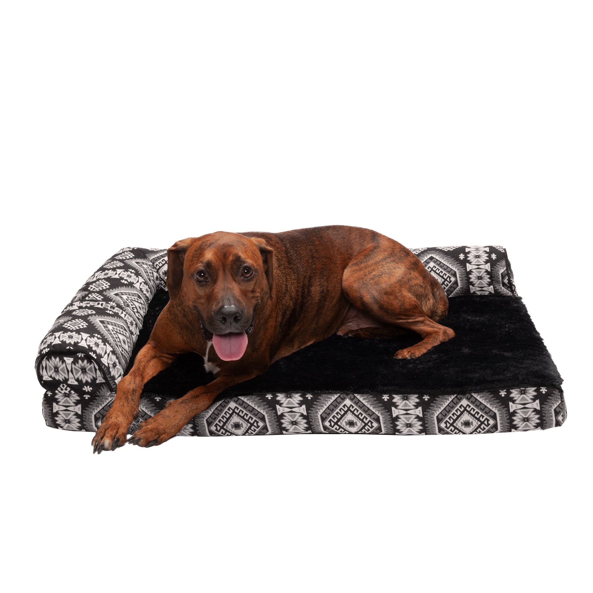 FurHaven | Deluxe Cooling Gel Southwest Kilim L-Chaise Lounge Pet Bed for Dogs and Cats， Black Medallion， Large