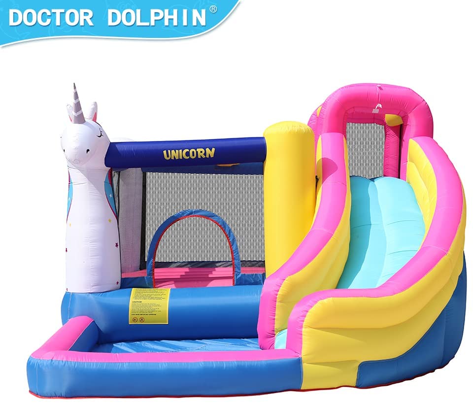 5 in 1 Inflatable Water Slide， Castle Bounce House Trampoline with Pool， Climbing Wall for Kids Age 3-10 with Air Blower