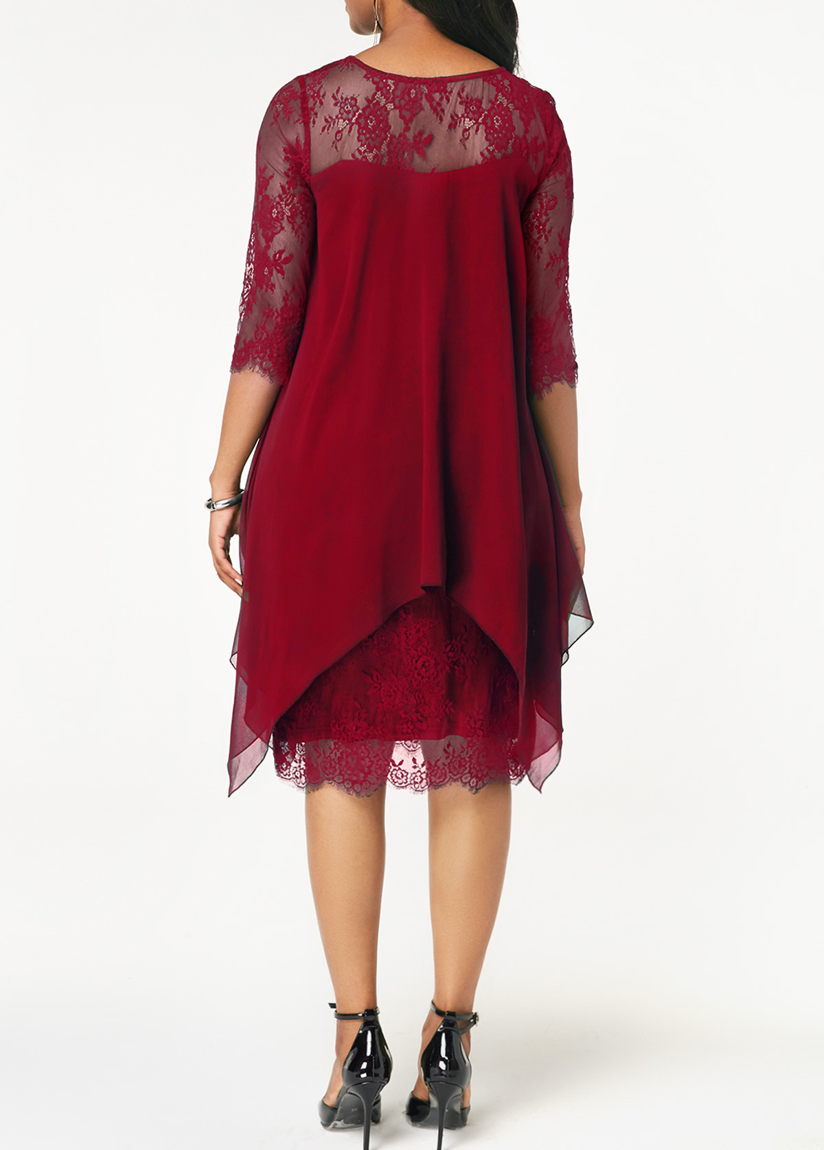 Chiffon Overlay Three Quarter Sleeve Lace Dress